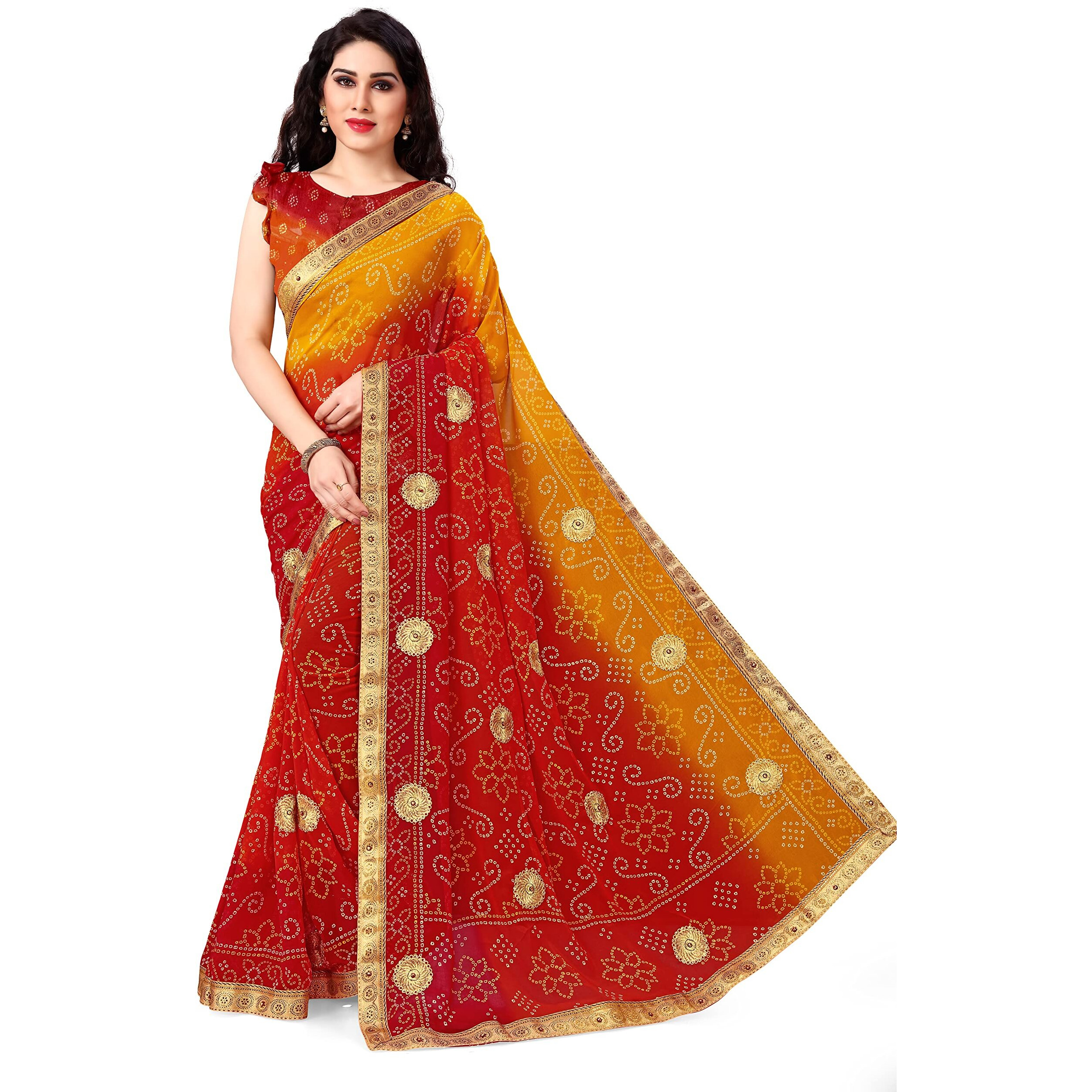 MIRCHI FASHION Womens Plain Weave Faux Georgette Bandhej Saree with Blouse Piece (21363A-Yellow, Red, Orange)