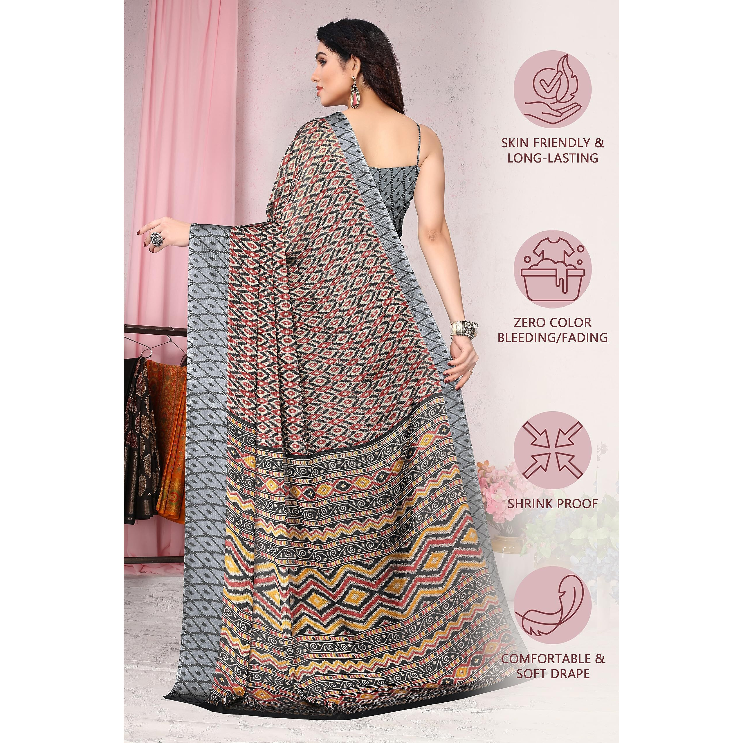 MIRCHI FASHION Womens Plain Weave Chiffon Ikkat Printed Saree with Blouse Piece (37831-Beige, Red, Black)