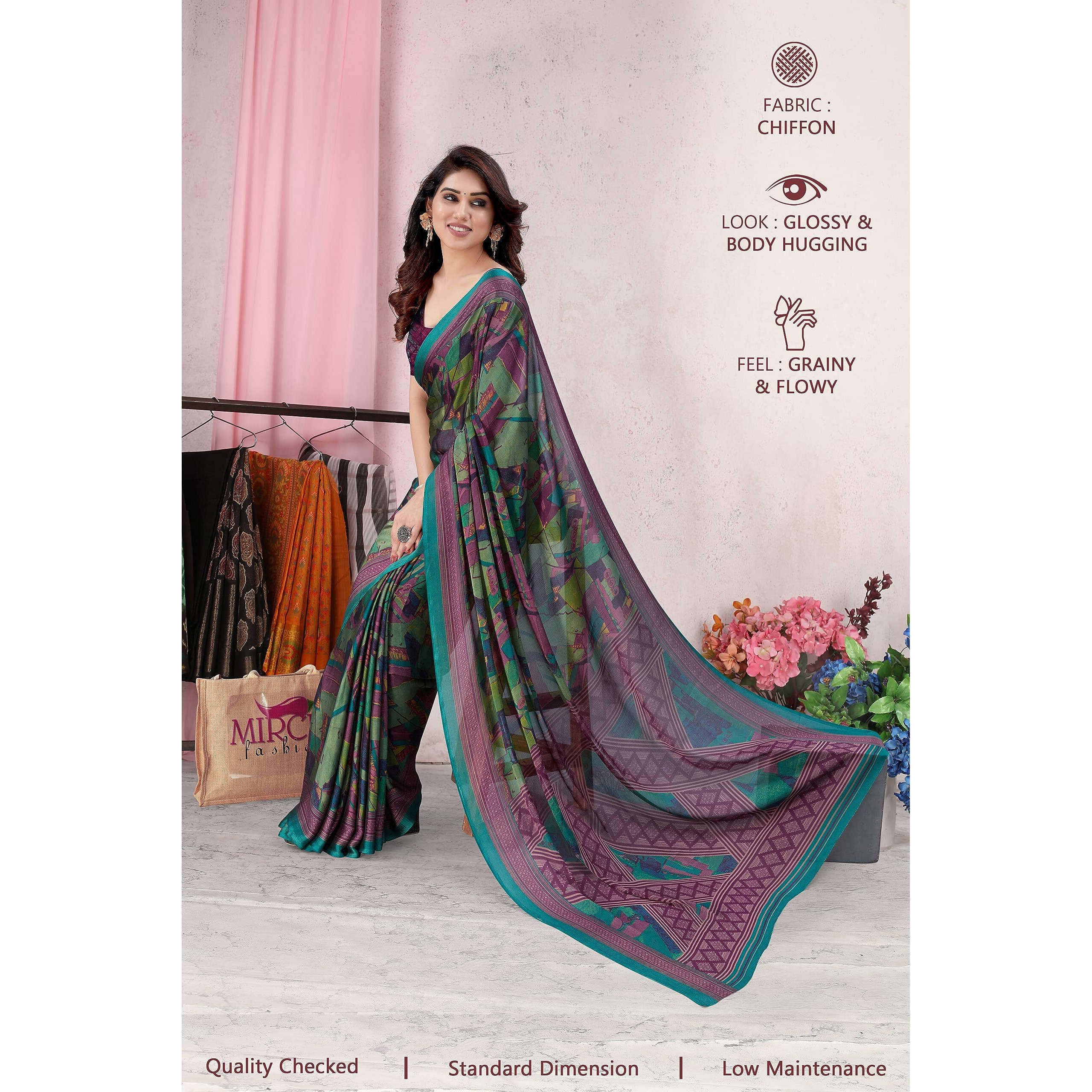 MIRCHI FASHION Womens Plain Weave Chiffon Abstract Printed Saree with Blouse Piece (37441-Teal, Wine)