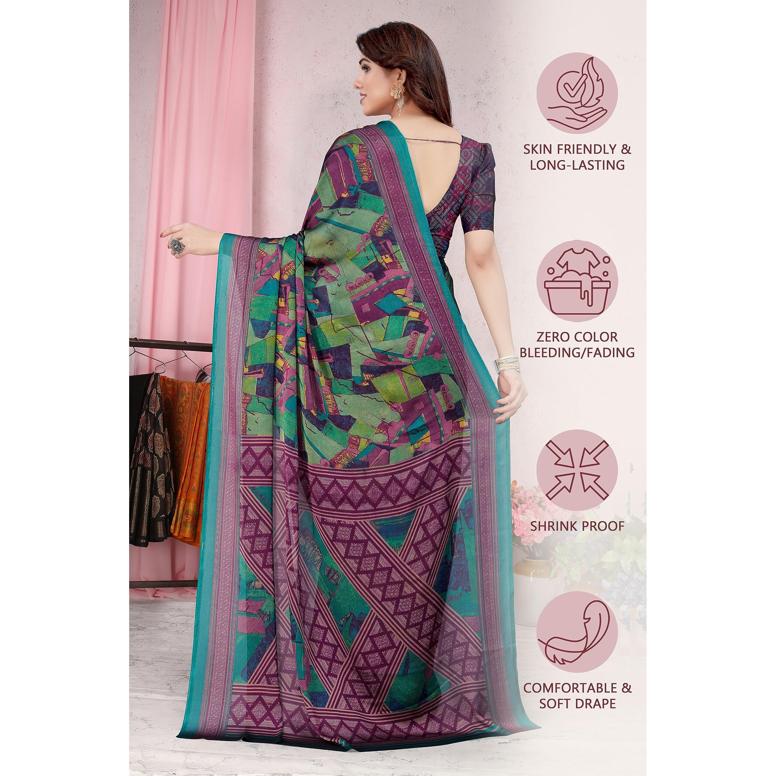 MIRCHI FASHION Womens Plain Weave Chiffon Abstract Printed Saree with Blouse Piece (37441-Teal, Wine)