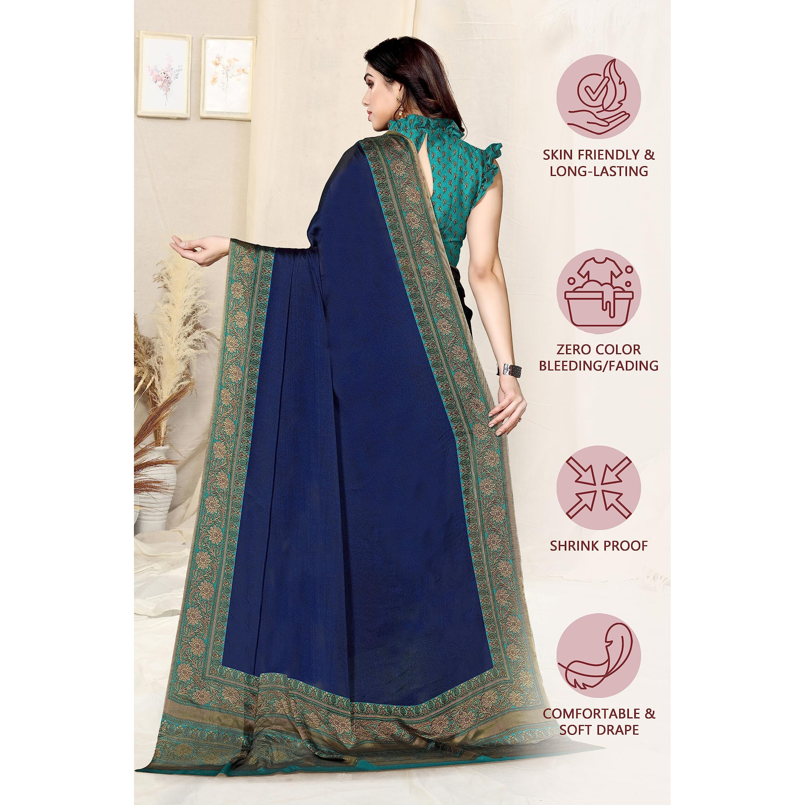 SOURBH Womens Plain Weave Chiffon Floral Border-Palav Printed Saree with Blouse Piece (25814-Navy Blue, Turquoise)