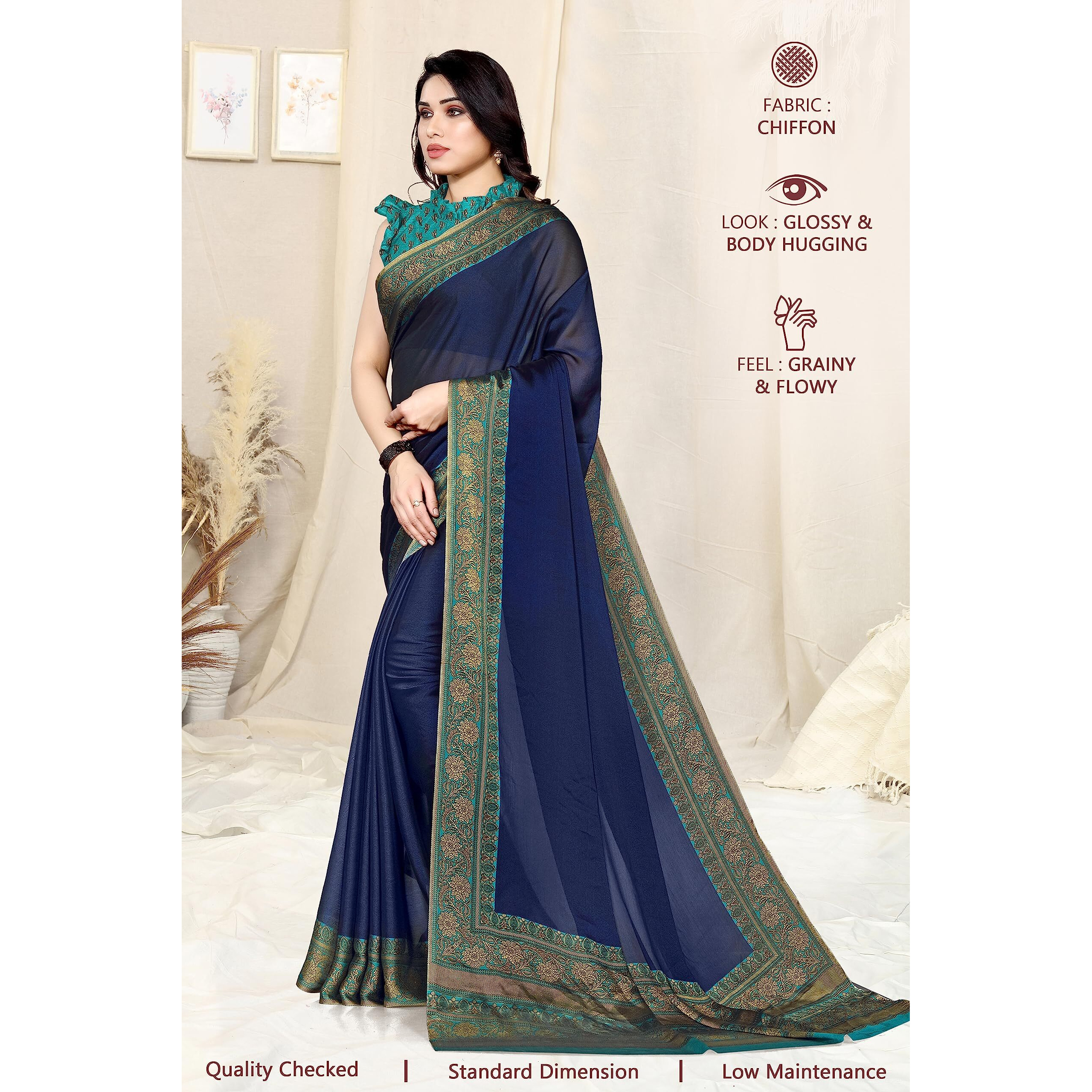 SOURBH Womens Plain Weave Chiffon Floral Border-Palav Printed Saree with Blouse Piece (25814-Navy Blue, Turquoise)