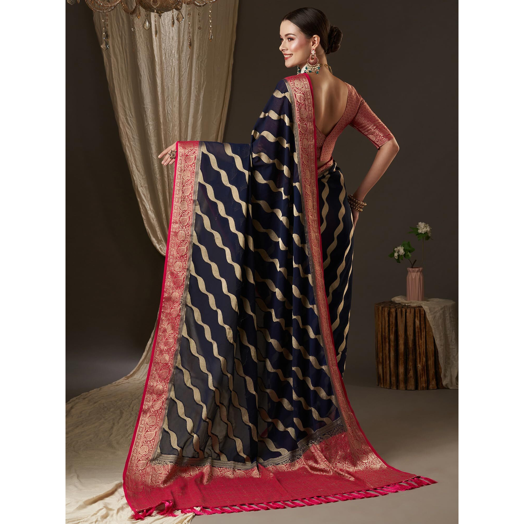 AKHILAM Womens Woven Design Abstract Georgette Kanjeevaram Saree With Unstiched Blouse Piece (Navy Blue_ARYA4002_FL)