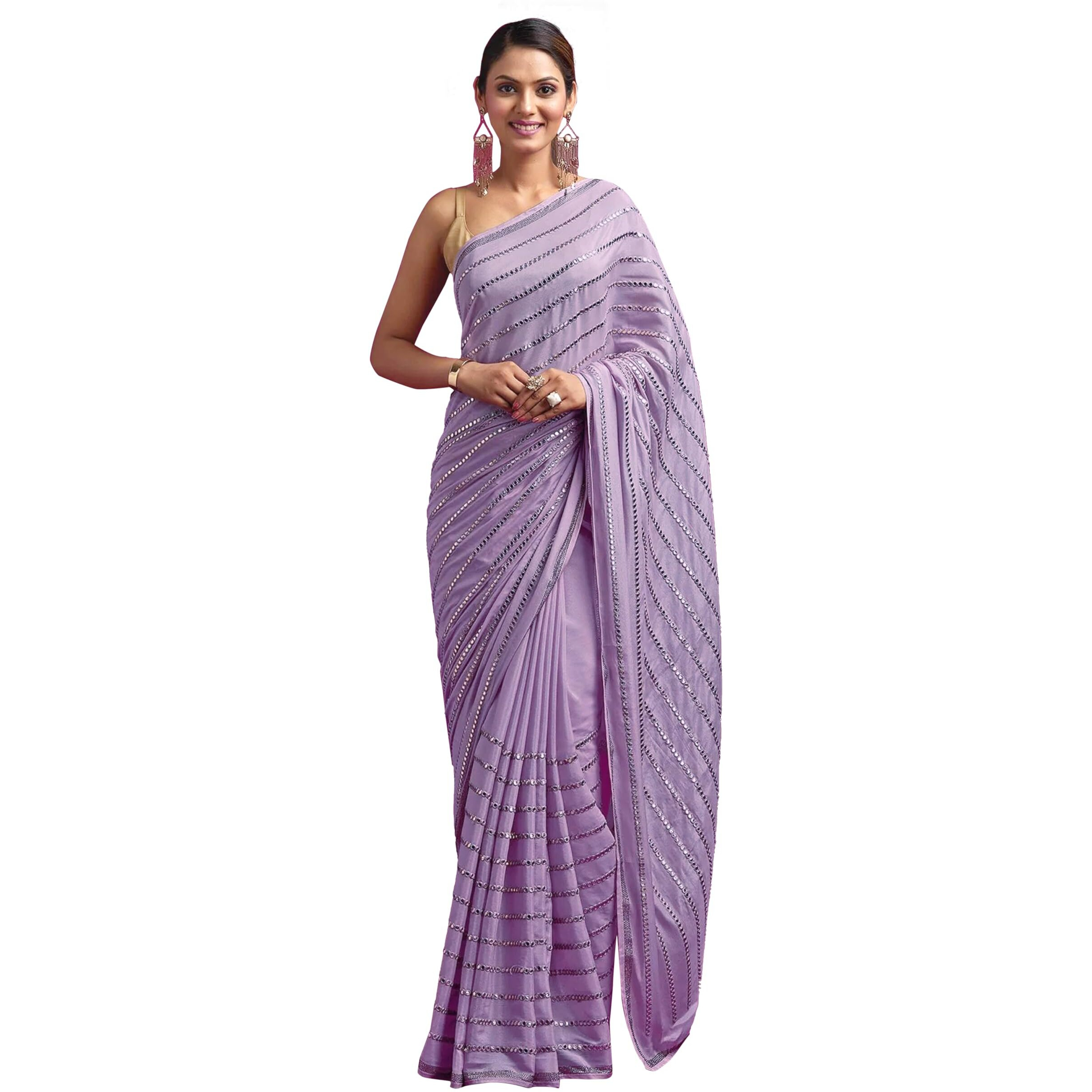 TRENDMALLS Womens Silk Sequins Embroidery Stripted Saree with Blouse Piece (K972-Purple)