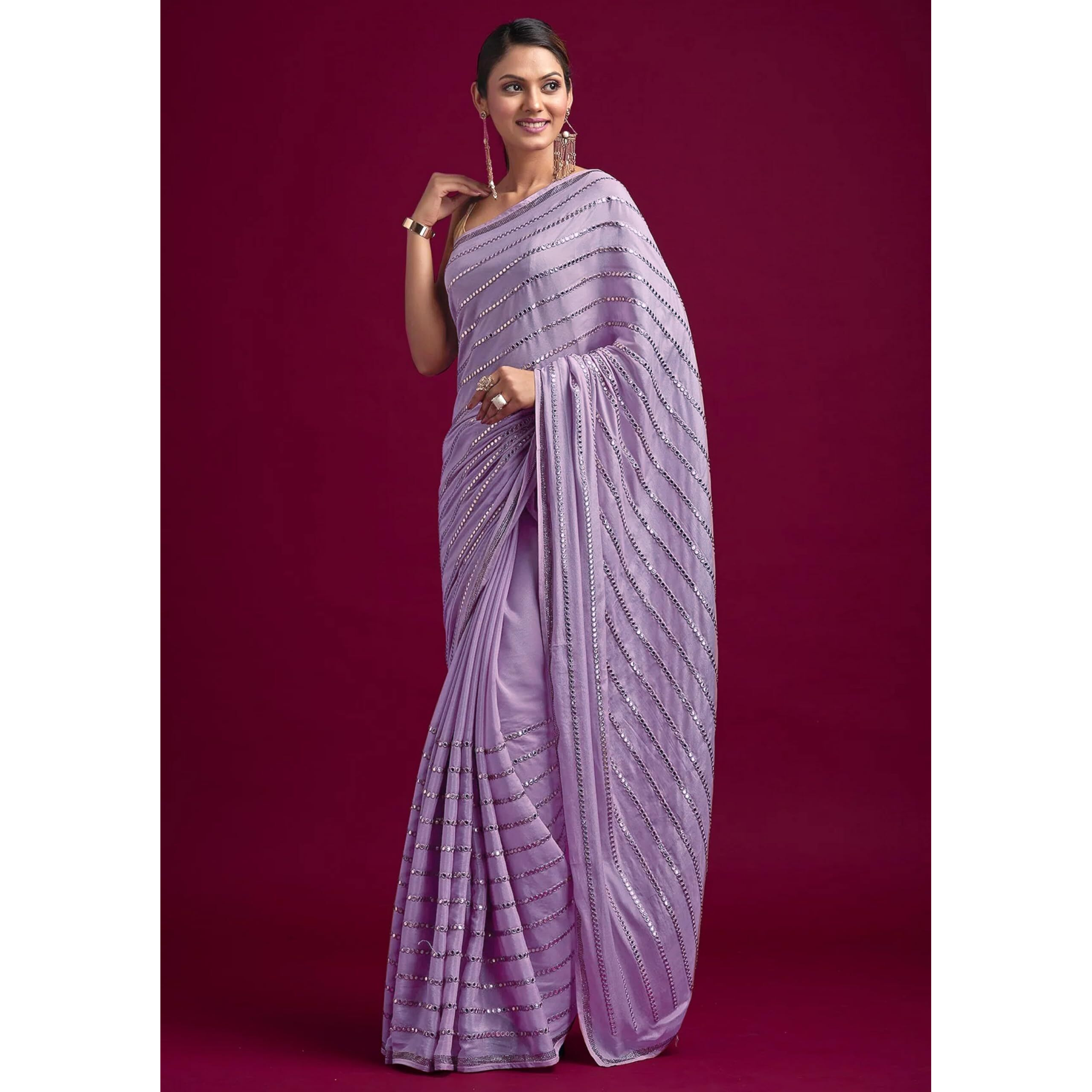 TRENDMALLS Womens Silk Sequins Embroidery Stripted Saree with Blouse Piece (K972-Purple)