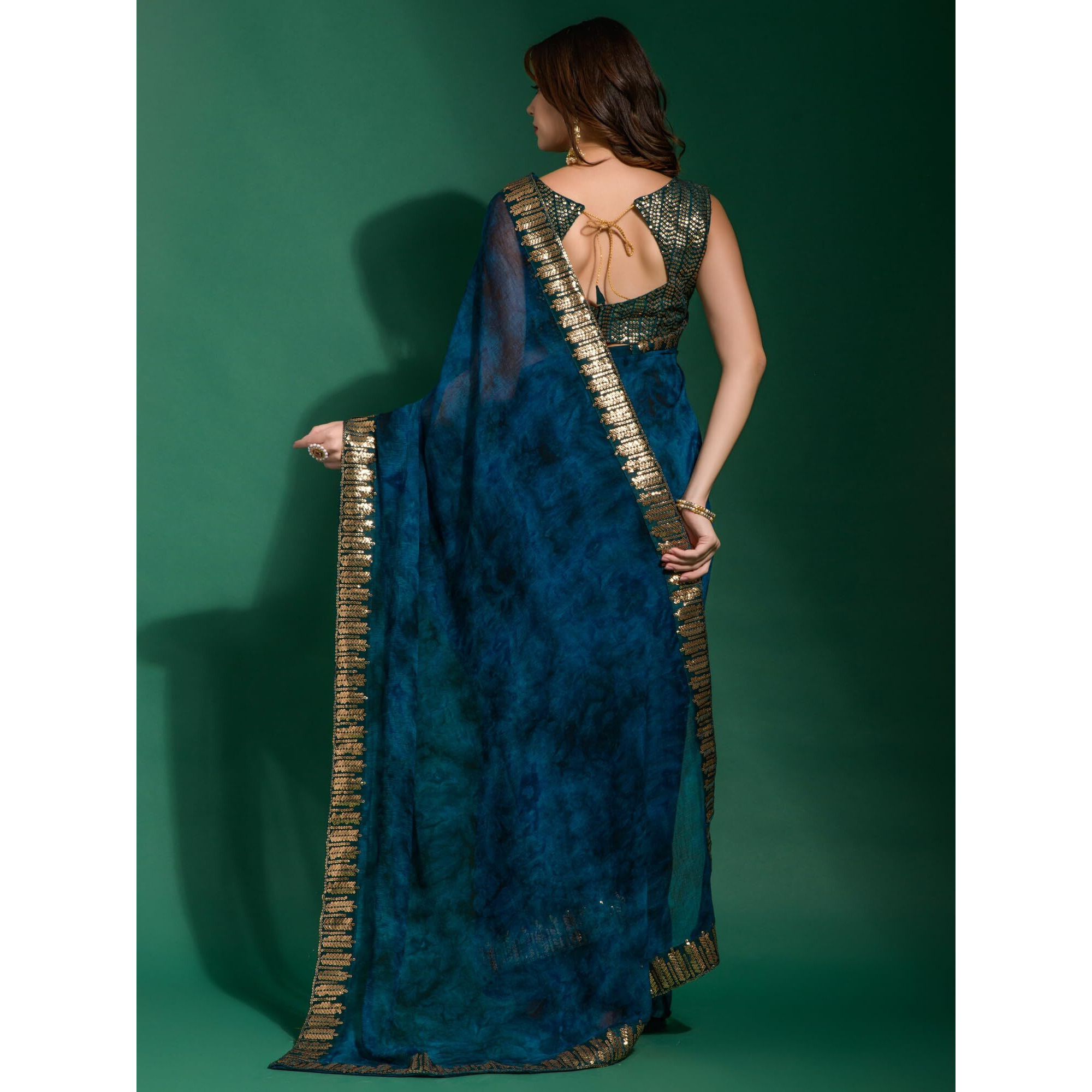 AKHILAM Womens Chiffon Blue Embellished Saree With Blouse Piece