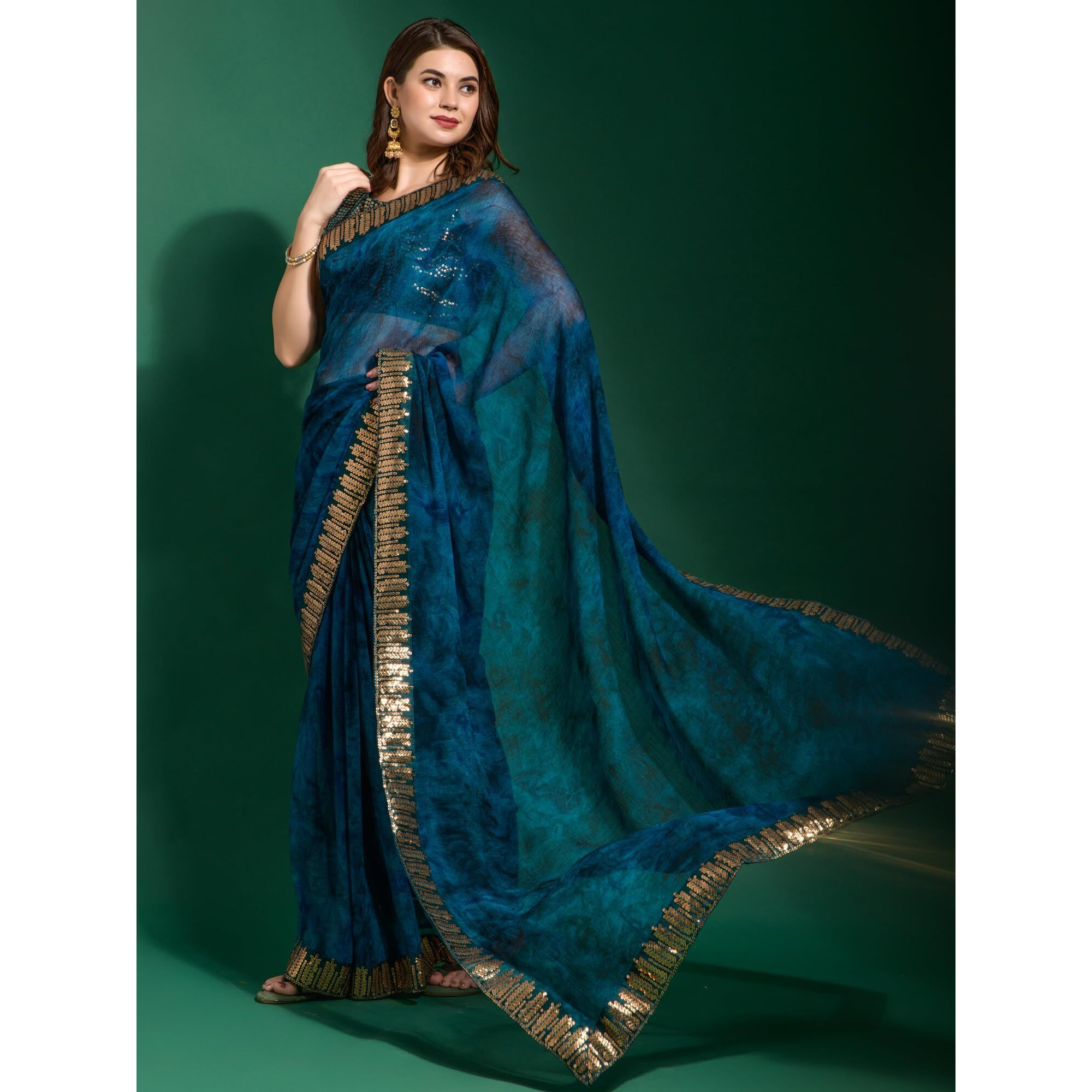 AKHILAM Womens Chiffon Blue Embellished Saree With Blouse Piece