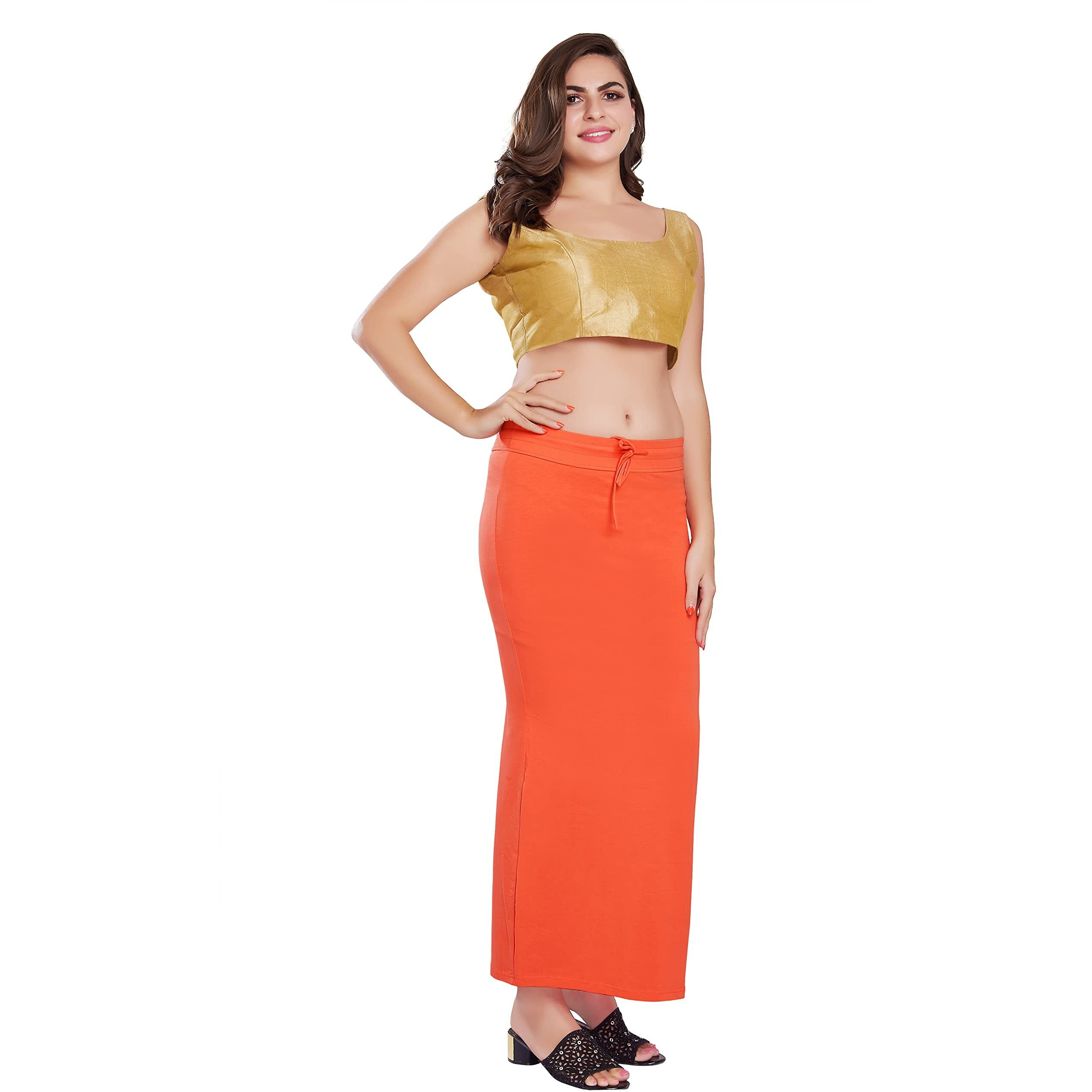 RANI SAAHIBA Womens Stretchy Slim Fishcut Petticoat Cotton Saree Shapewear(SHP3_S/M_Orange)