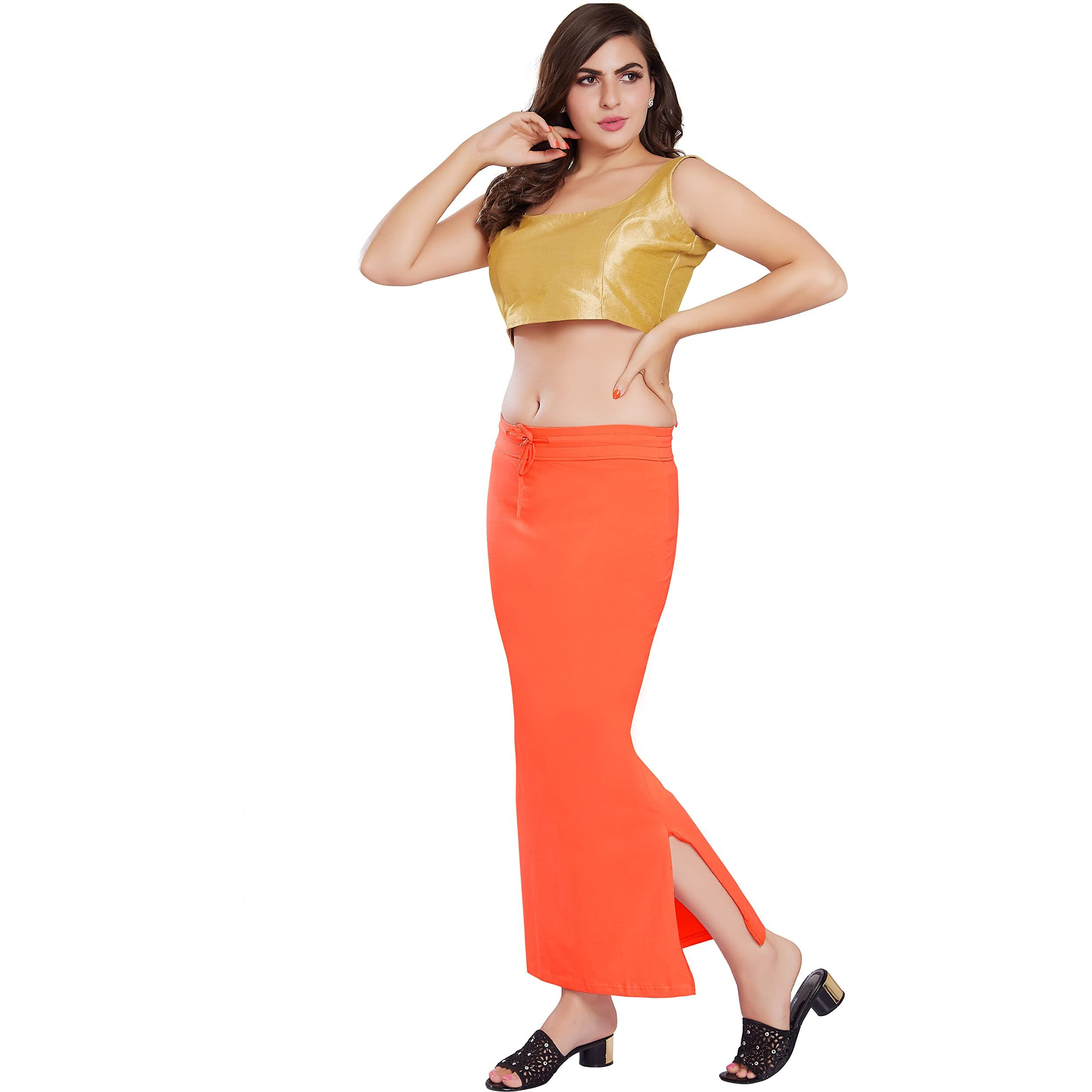 RANI SAAHIBA Womens Stretchy Slim Fishcut Petticoat Cotton Saree Shapewear(SHP3_S/M_Orange)