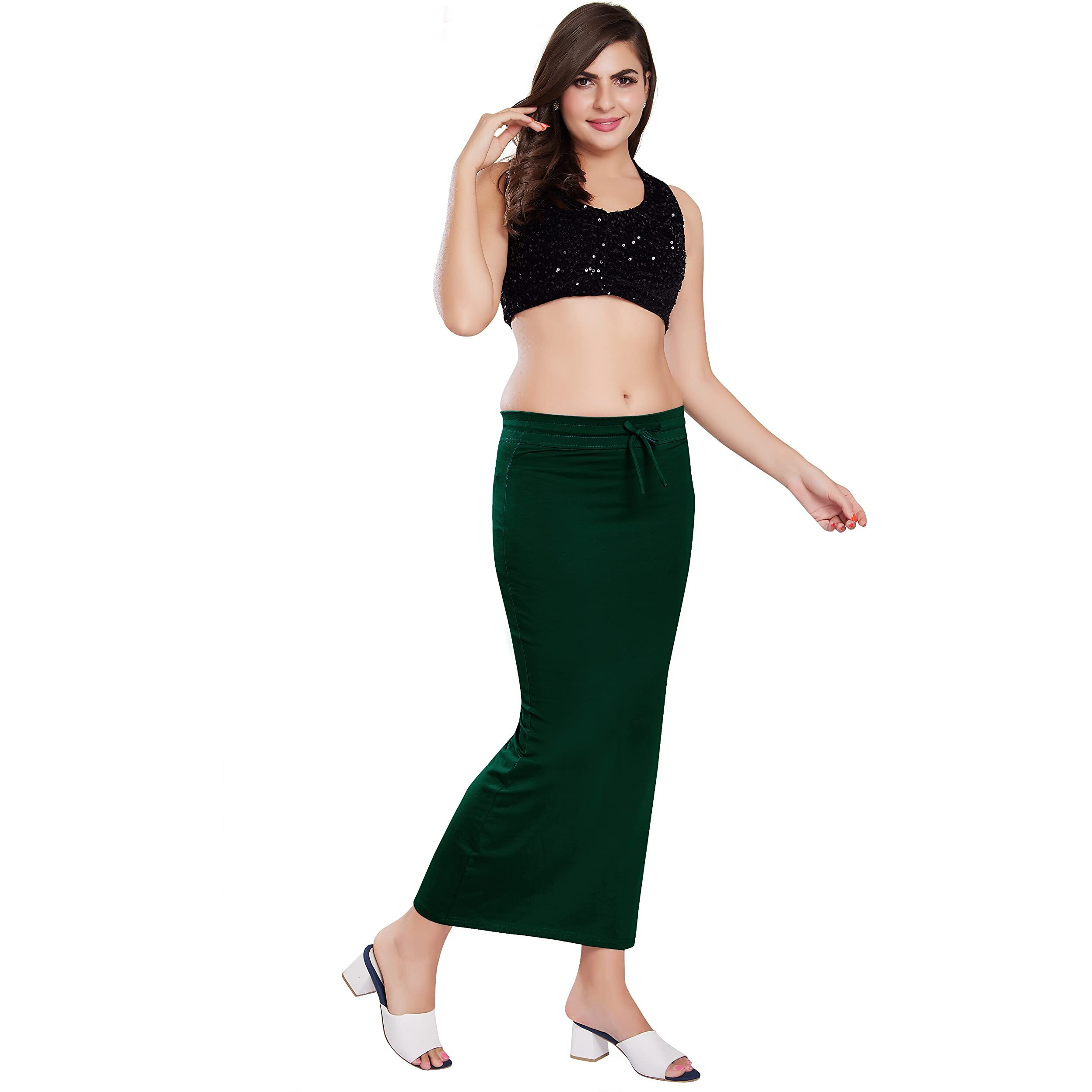 RANI SAAHIBA Womens Stretchy Slim Fishcut Petticoat Cotton Saree Shapewear(SHP45_S/M_Dk. Green)