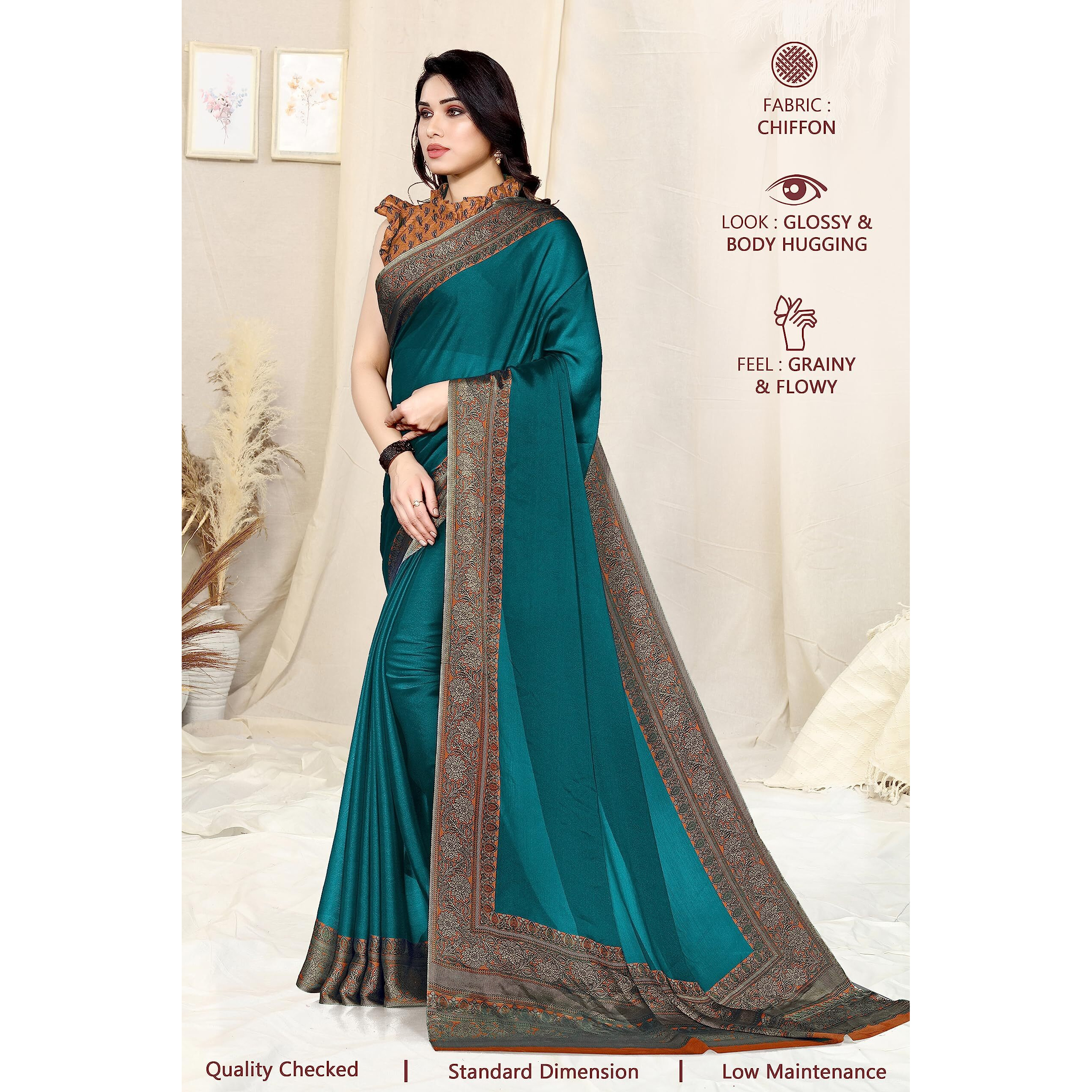 SOURBH Womens Plain Weave Chiffon Floral Border-Palav Printed Saree with Blouse Piece (29966-Teal, Orange)