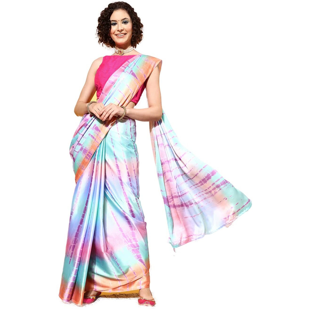 Blissta Womens Multi3 Satin Printed Saree With Unstitched Blouse Piece