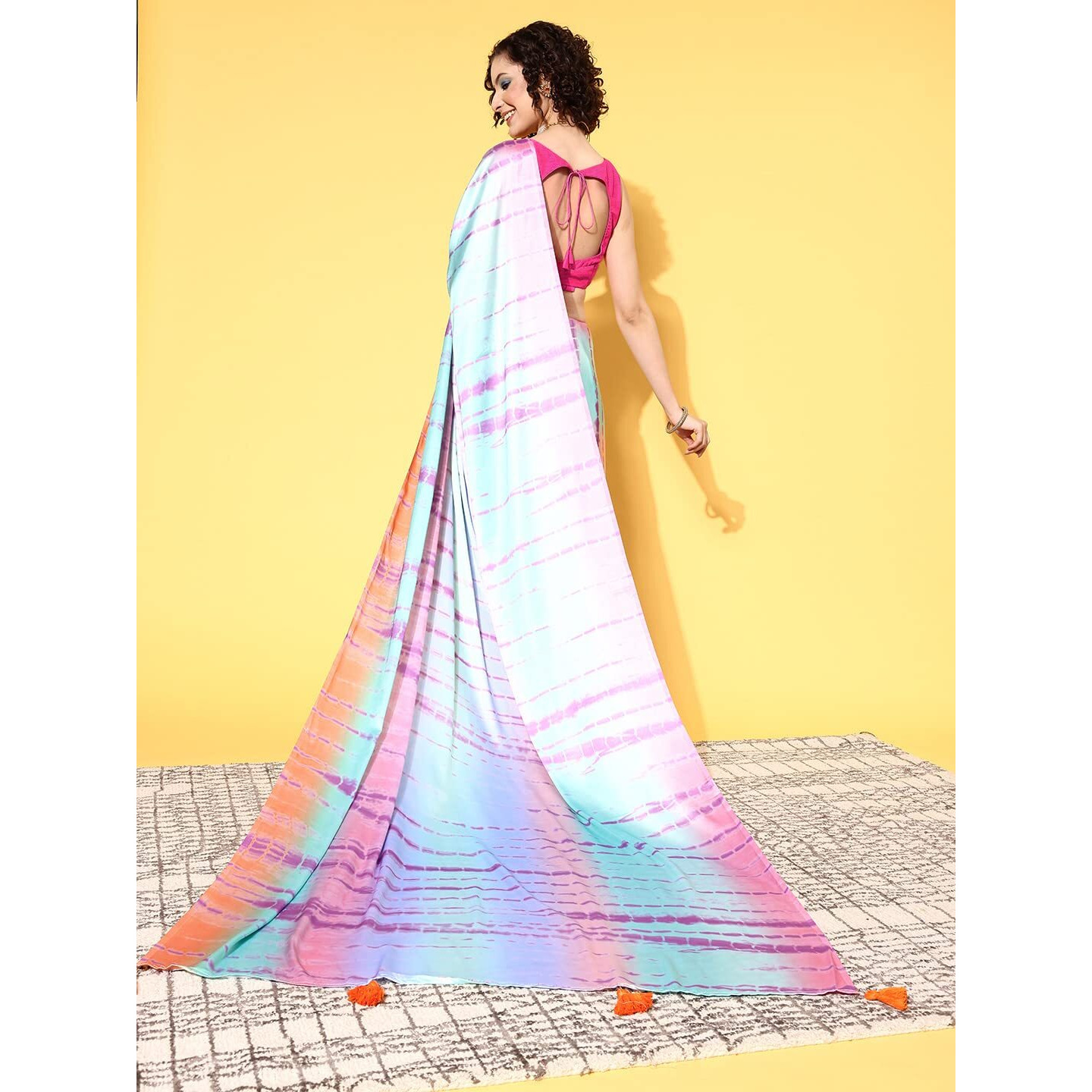 Blissta Womens Multi3 Satin Printed Saree With Unstitched Blouse Piece