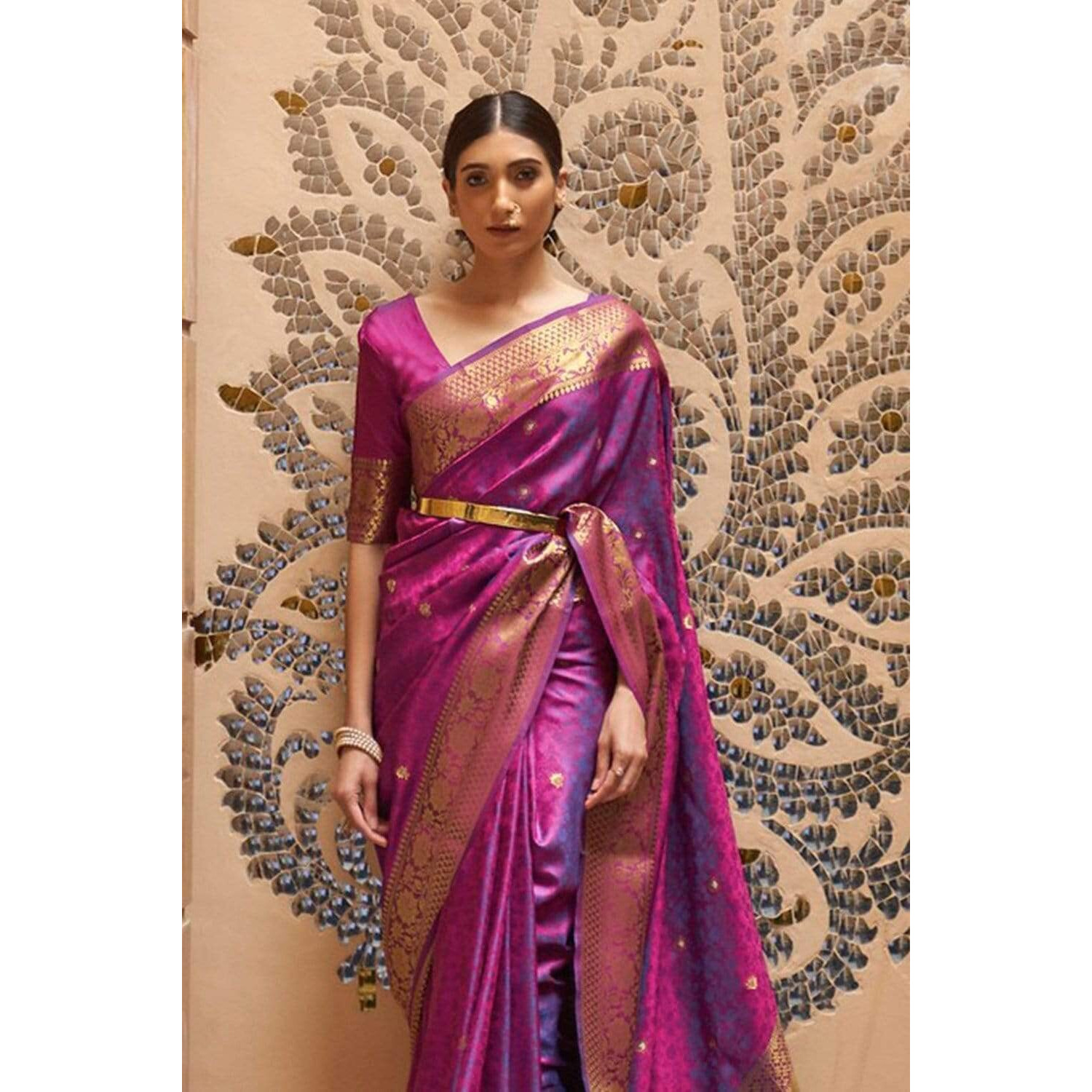 SWORNOF Womens Kanjivaram Patola Silk Saree With Blouse Piece (Purple)