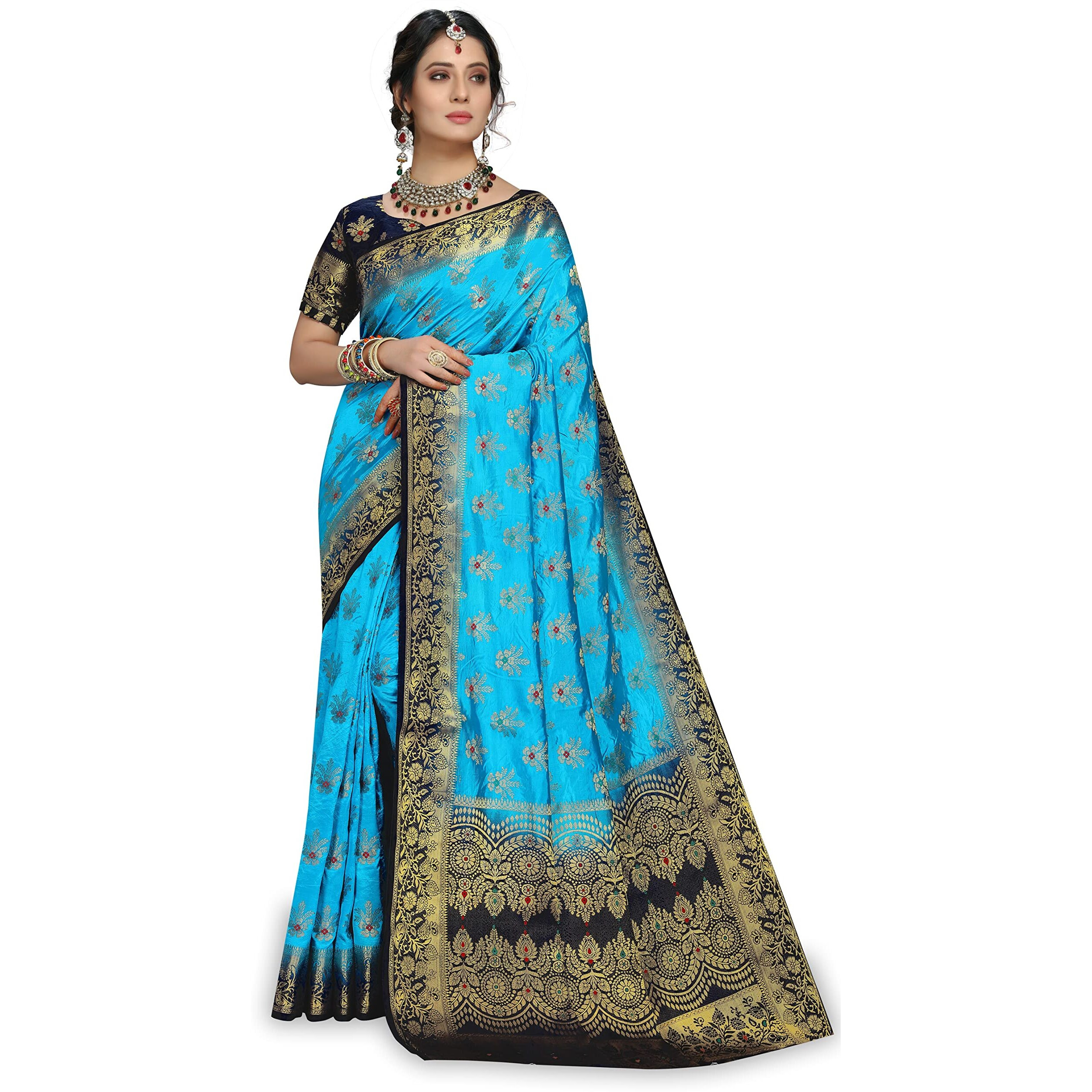 Izibra Womens Kanchipuram Silk Saree With Blouse Piece (Barmasi_Sky Blue Navy Blue)