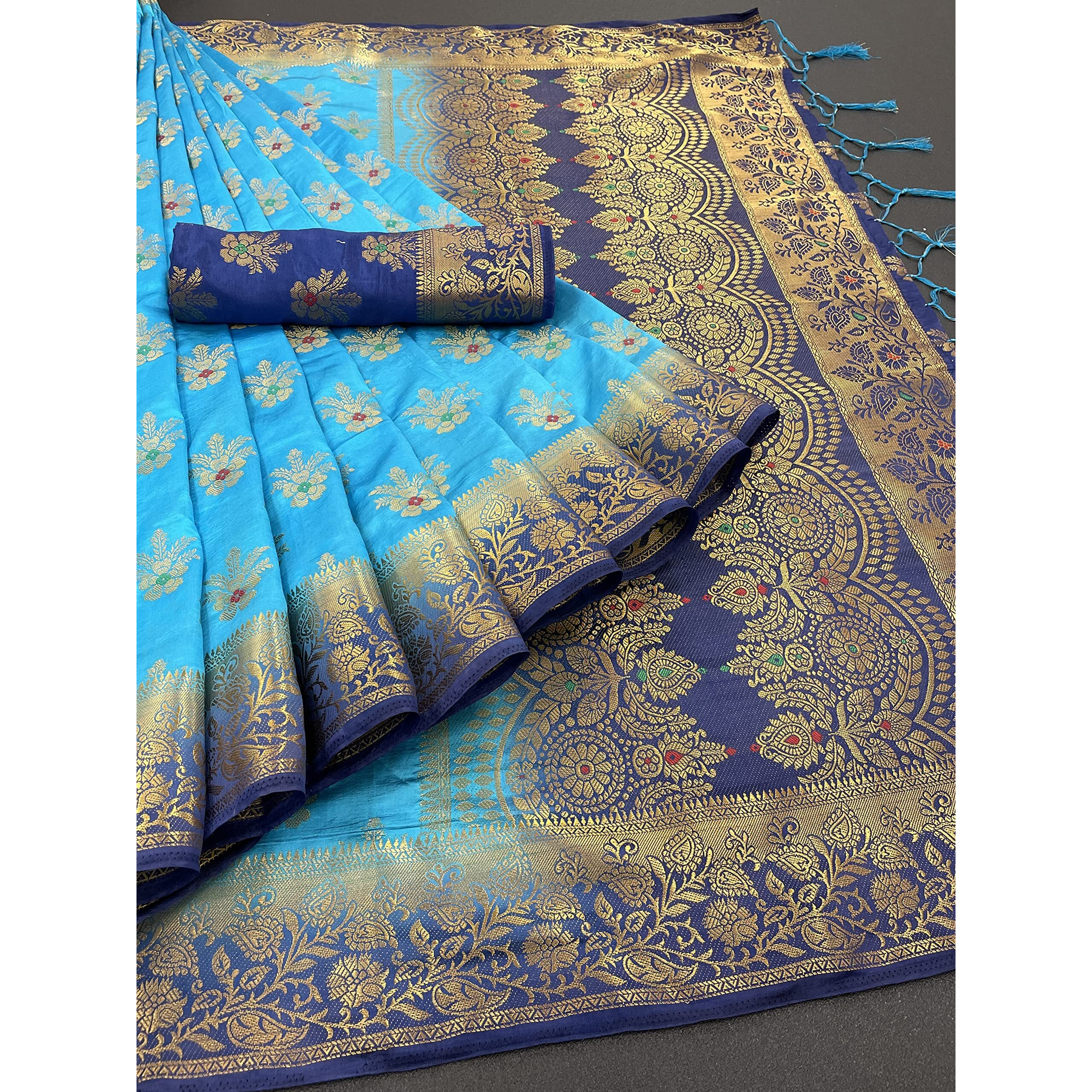 Izibra Womens Kanchipuram Silk Saree With Blouse Piece (Barmasi_Sky Blue Navy Blue)