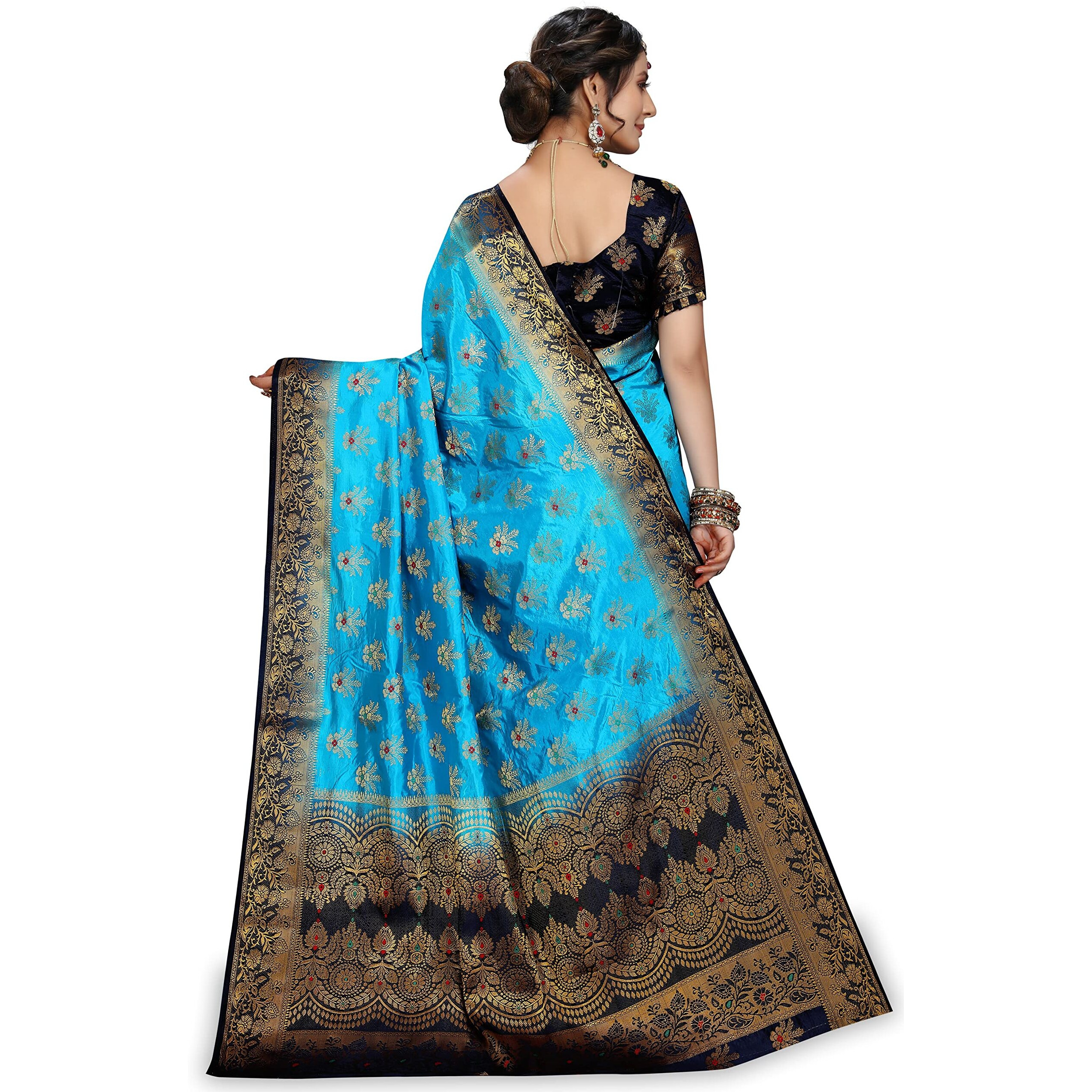 Izibra Womens Kanchipuram Silk Saree With Blouse Piece (Barmasi_Sky Blue Navy Blue)