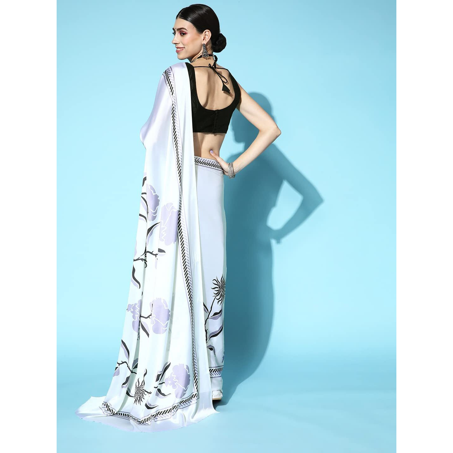 Blissta Womens Cream Satin Printed Saree With Unstitched Blouse Piece