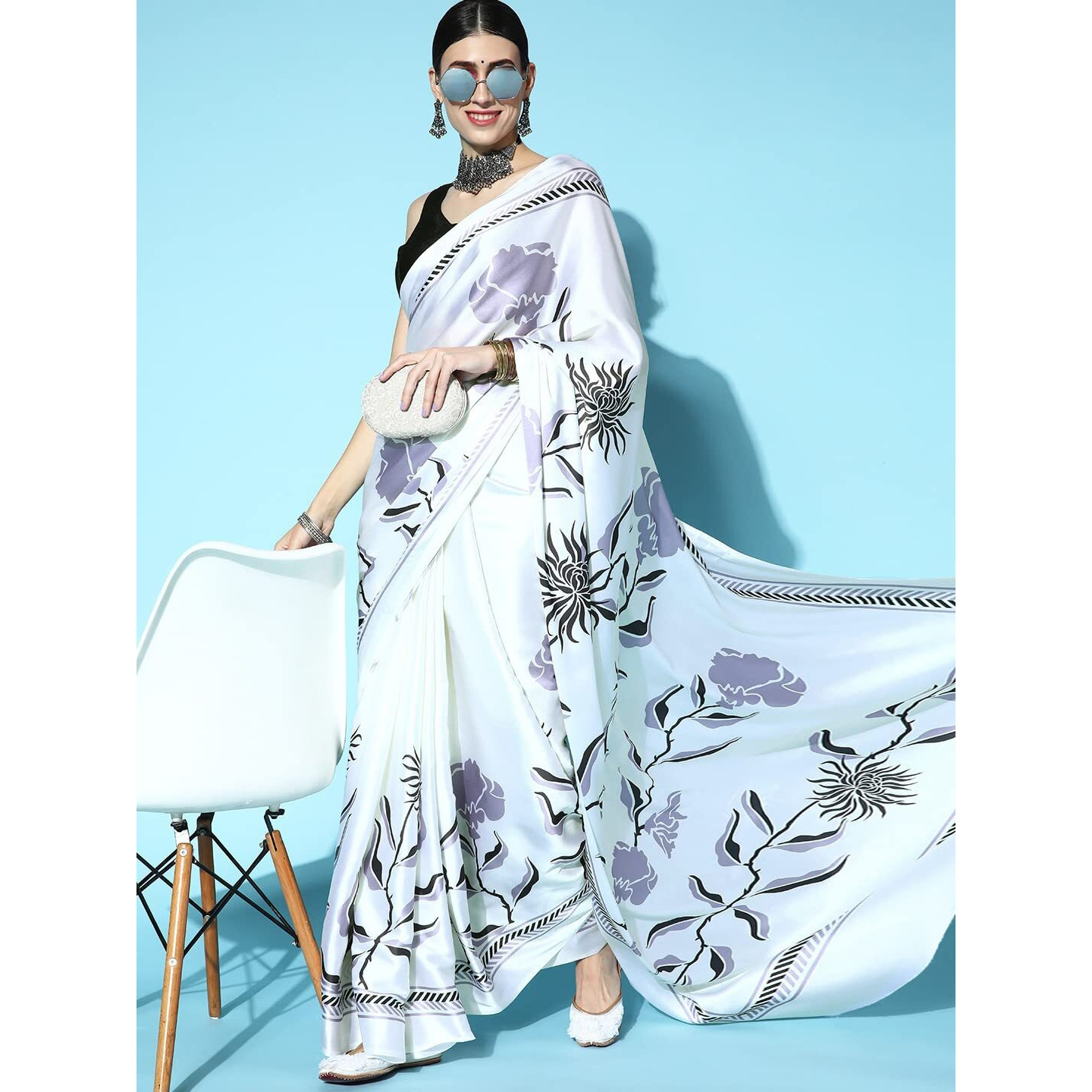 Blissta Womens Cream Satin Printed Saree With Unstitched Blouse Piece