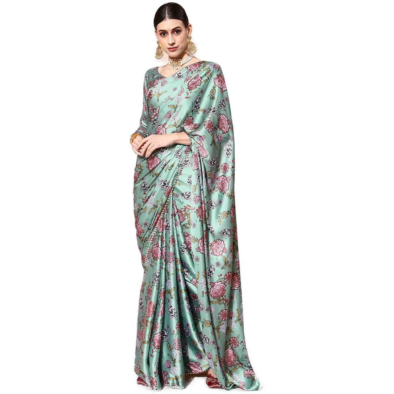 Blissta Womens Sea Green Satin Printed Saree With Satin Blouse Piece