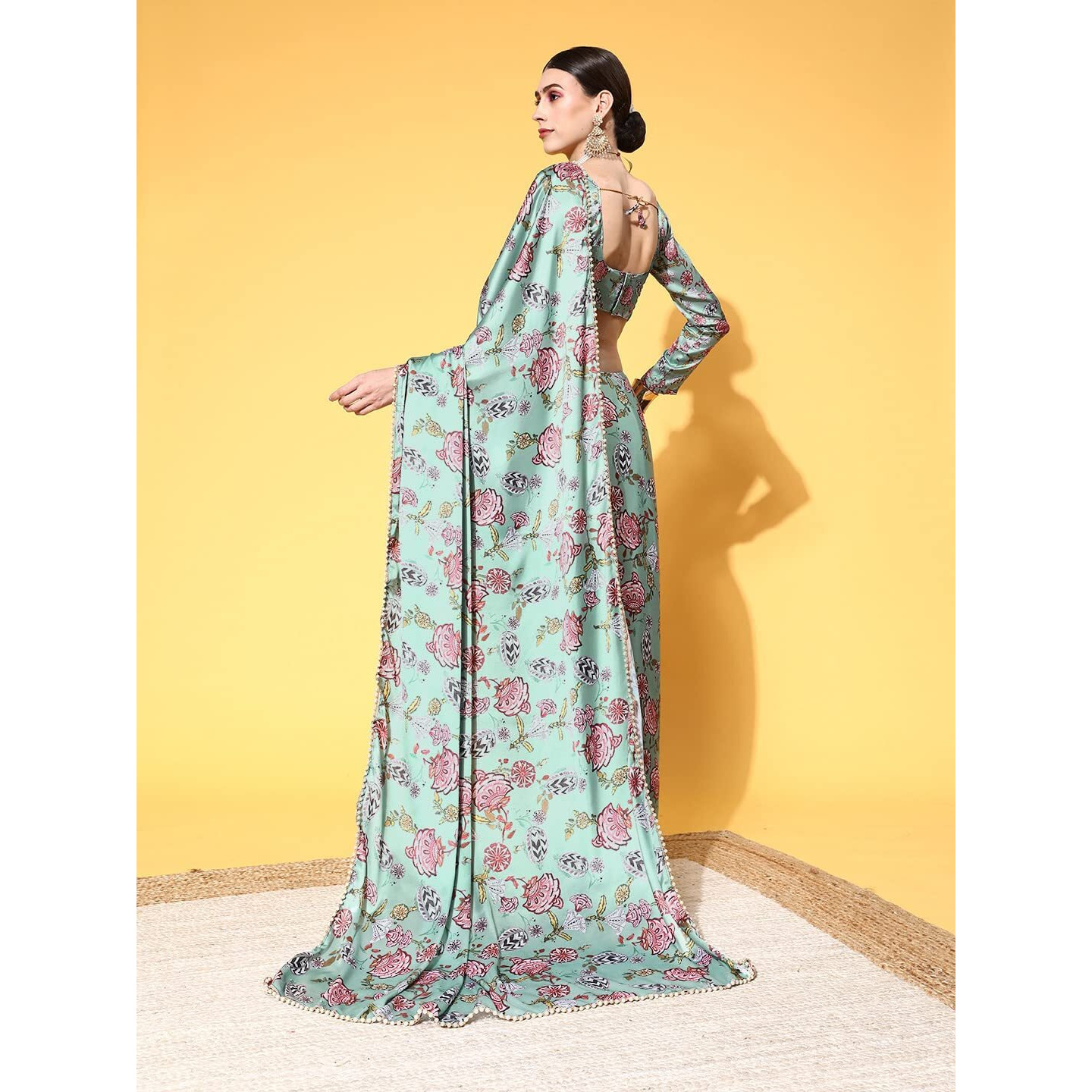 Blissta Womens Sea Green Satin Printed Saree With Satin Blouse Piece