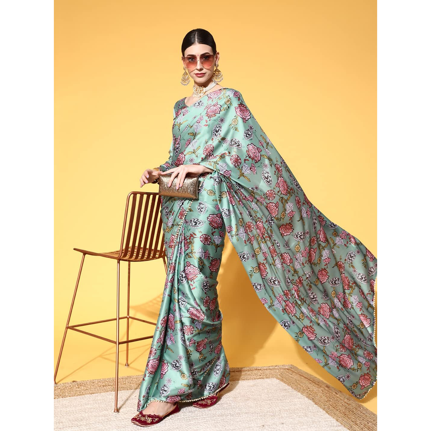 Blissta Womens Sea Green Satin Printed Saree With Satin Blouse Piece