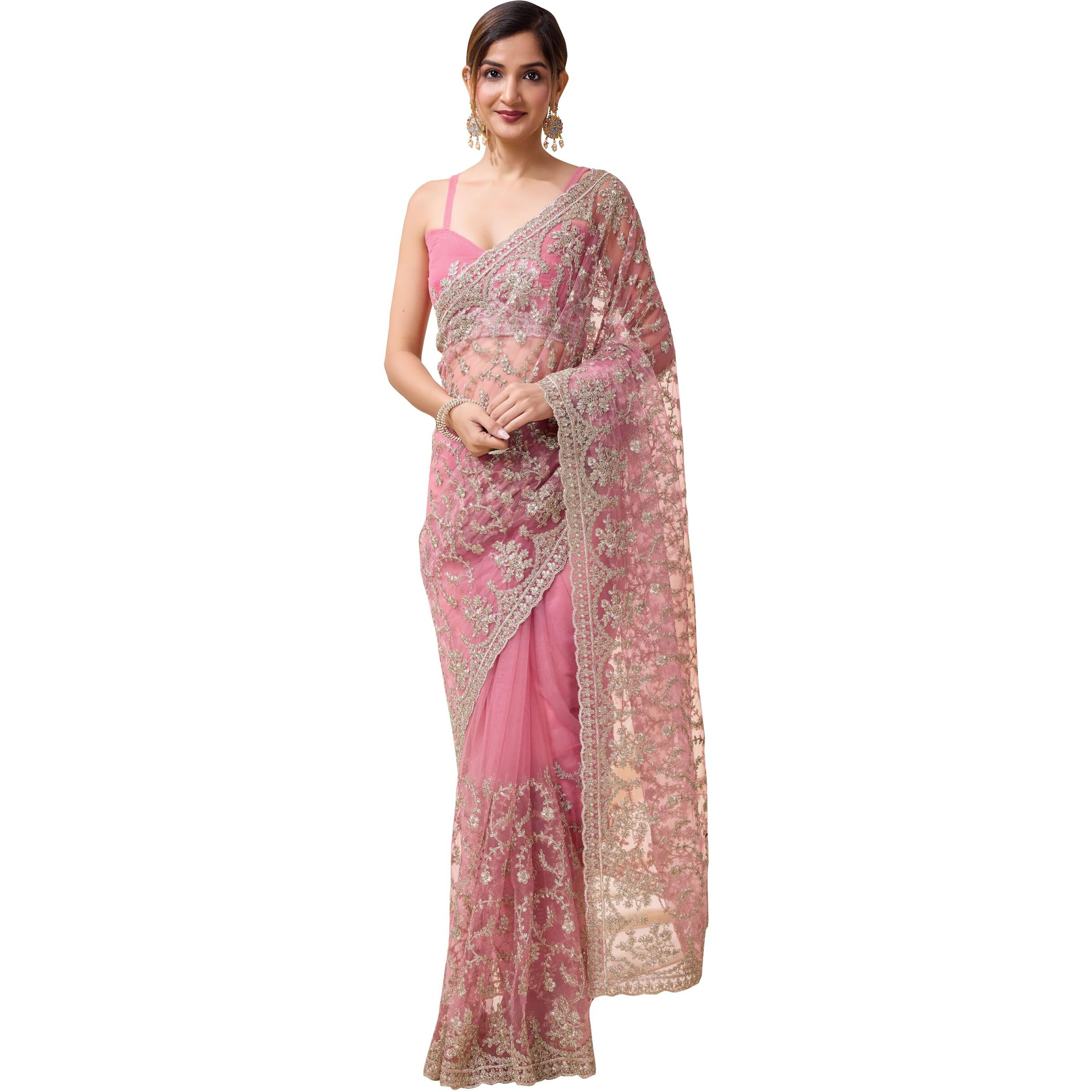 TRENDMALLS Womens Net Embroidery Saree with Blouse Piece (K1083-LightPink)