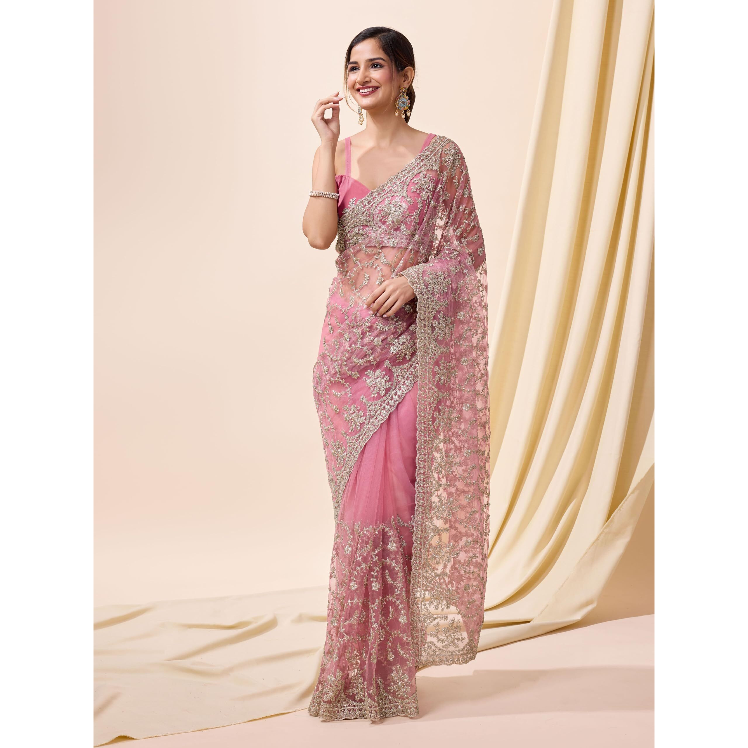 TRENDMALLS Womens Net Embroidery Saree with Blouse Piece (K1083-LightPink)