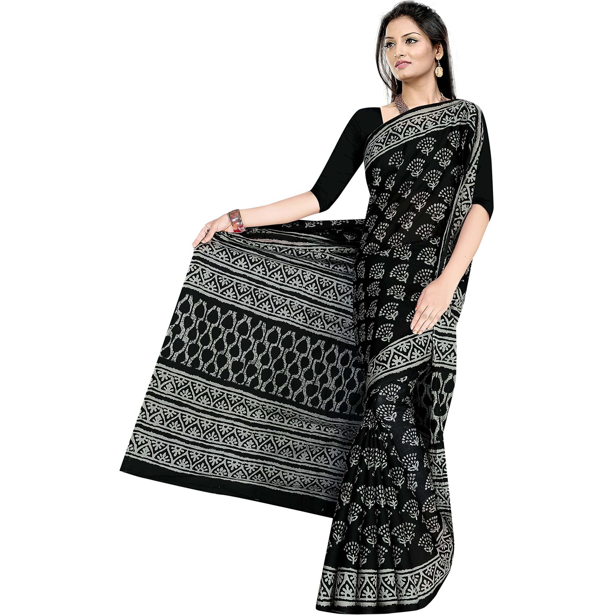 TAMAIRA FASHION Womens Plain Weave Pure Cotton Saree Without Blouse Piece (2398_Black)