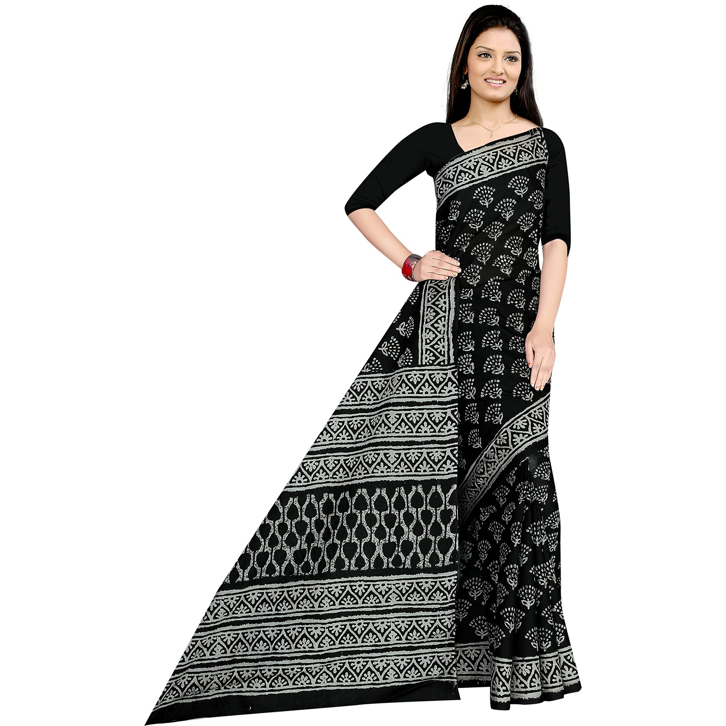 TAMAIRA FASHION Womens Plain Weave Pure Cotton Saree Without Blouse Piece (2398_Black)