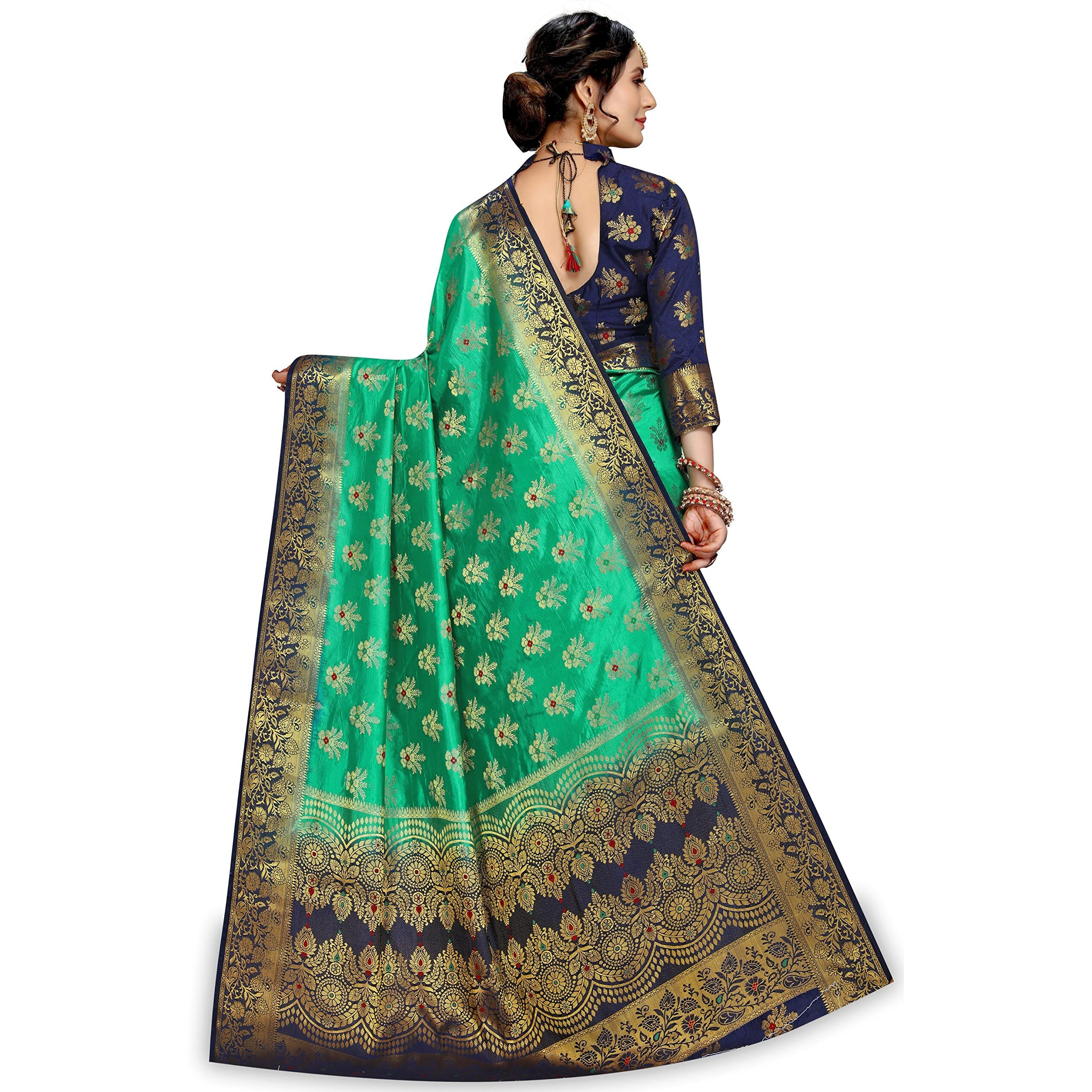 Izibra Womens Kanchipuram Silk Saree With Blouse Piece (Barmasi_Green Navy Blue)