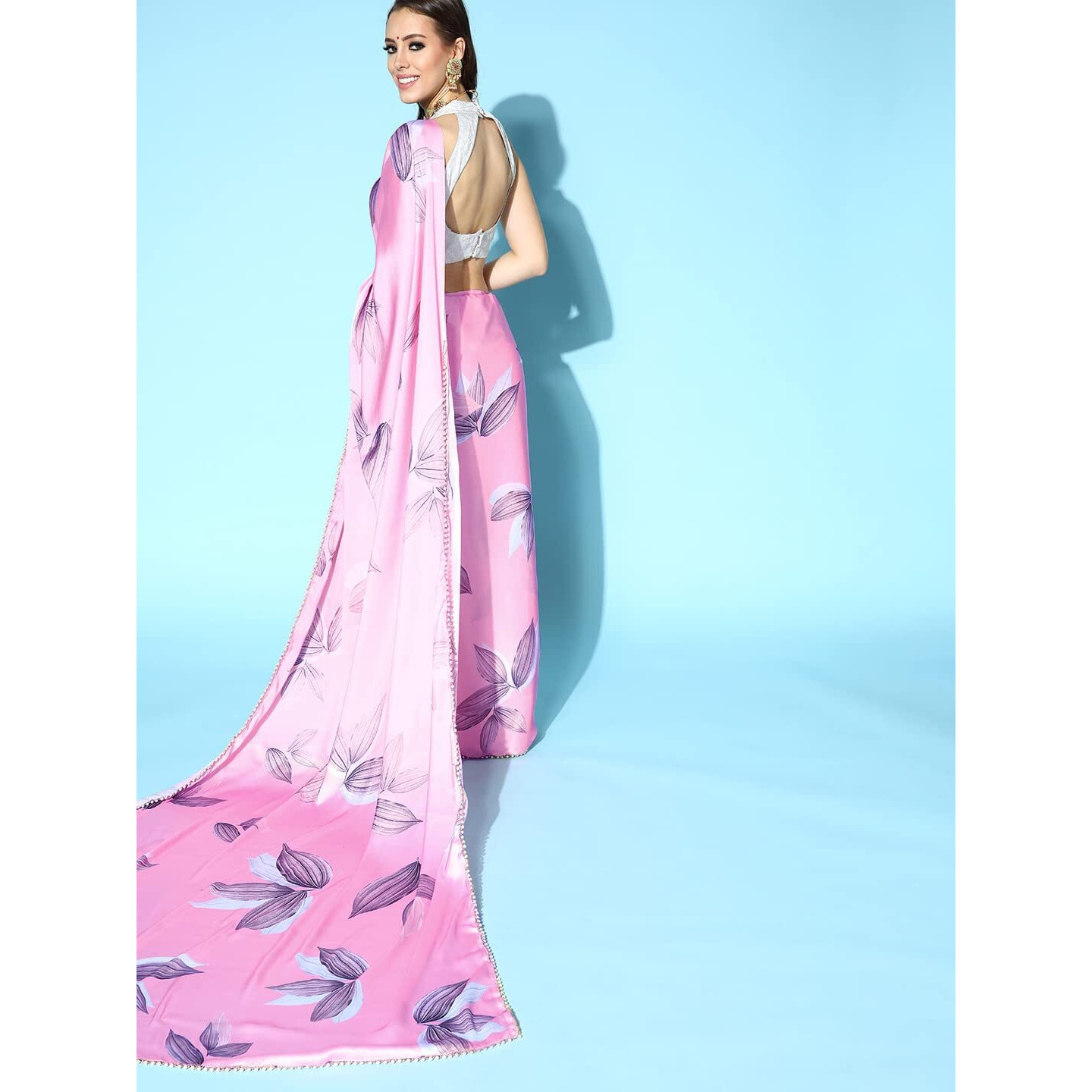 Blissta Womens Pink Satin Printed Saree With Unstitched Blouse Piece