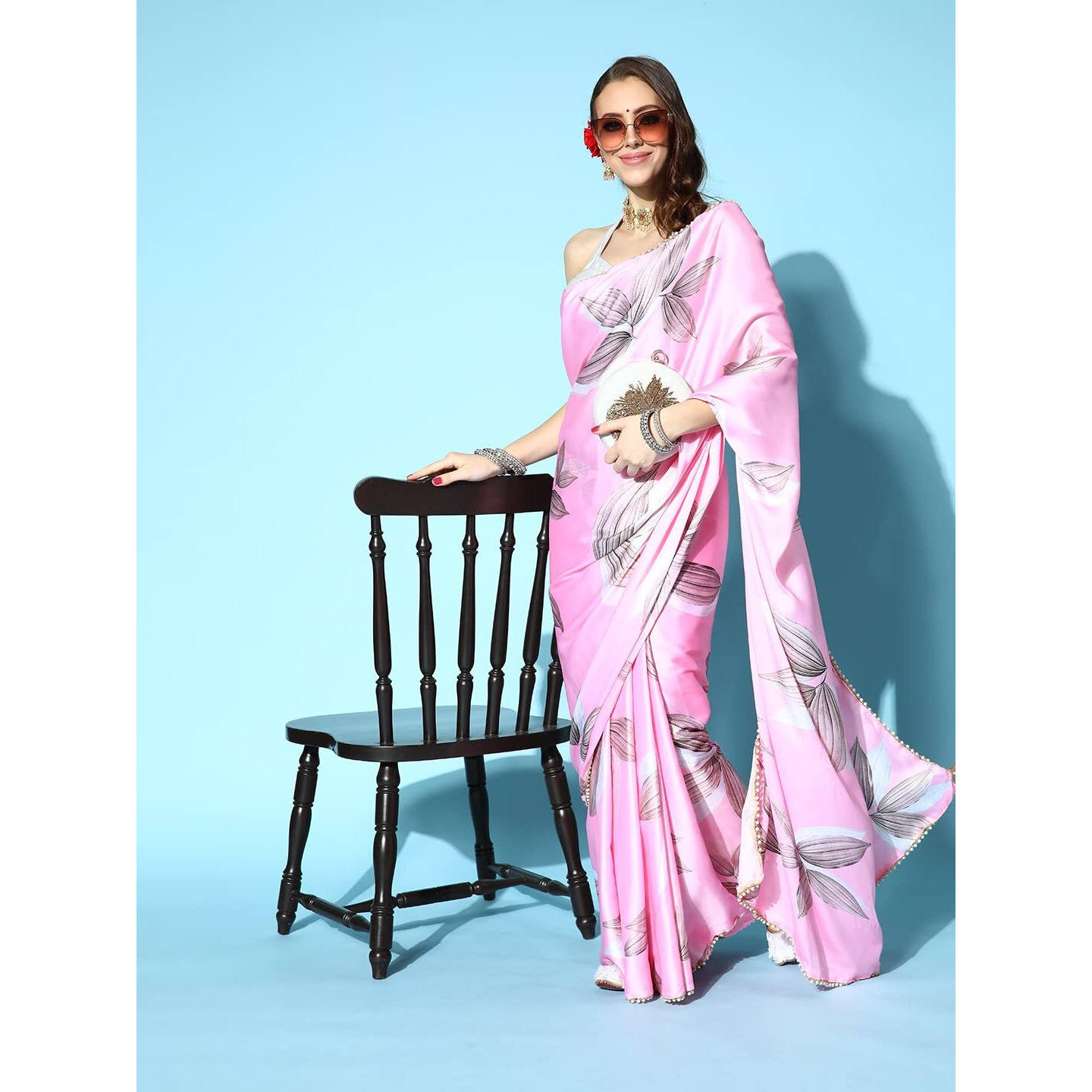 Blissta Womens Pink Satin Printed Saree With Unstitched Blouse Piece