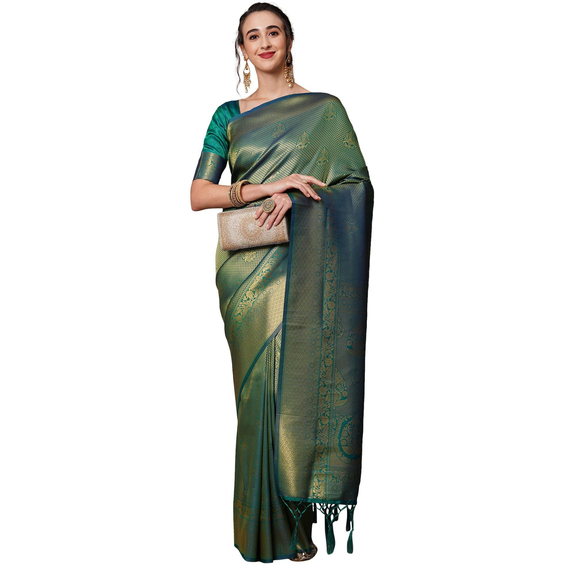 AKHILAM Womens Silk Blend Woven Design Saree With Unstitched Blouse Piece(Teal Green_KUNT188009)