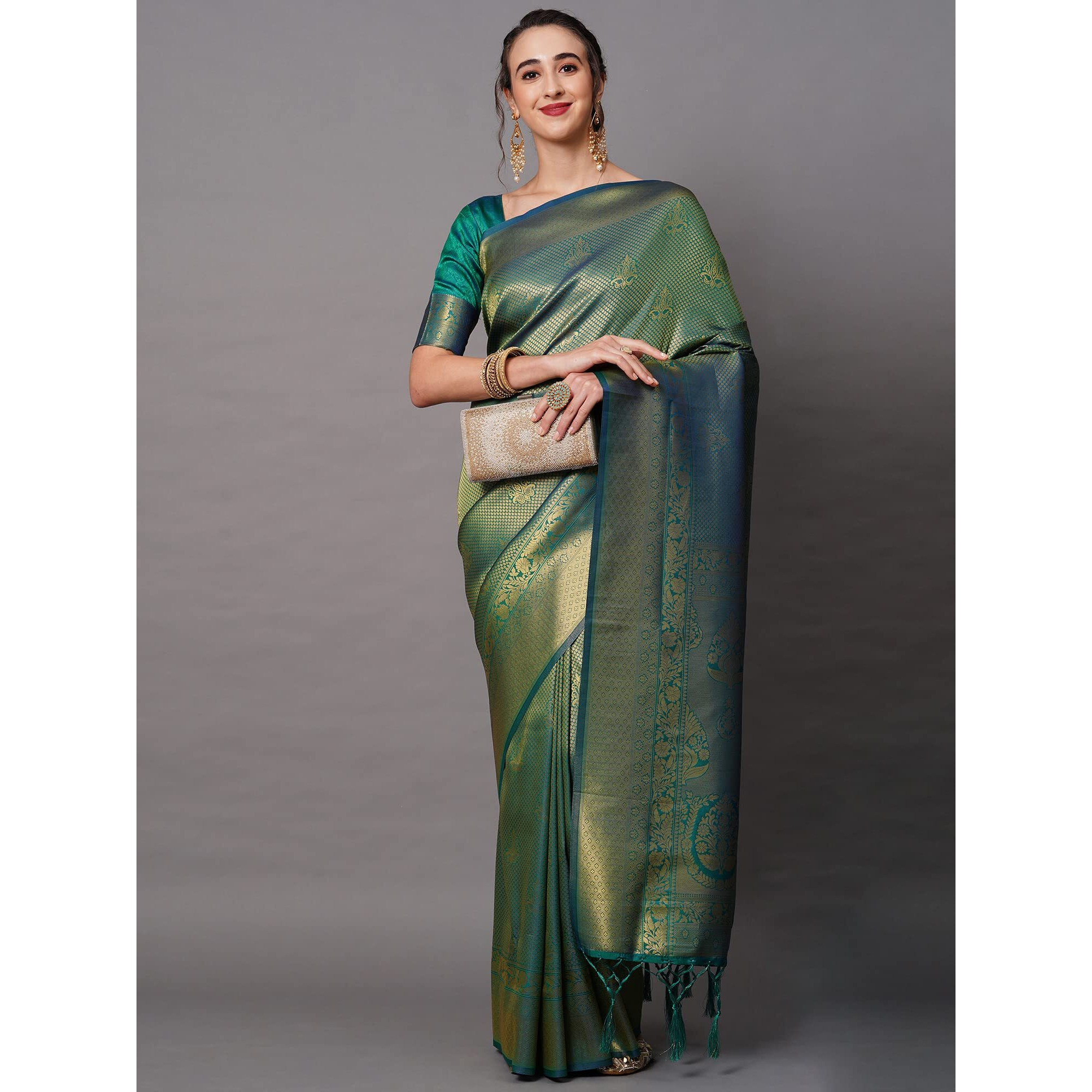 AKHILAM Womens Silk Blend Woven Design Saree With Unstitched Blouse Piece(Teal Green_KUNT188009)