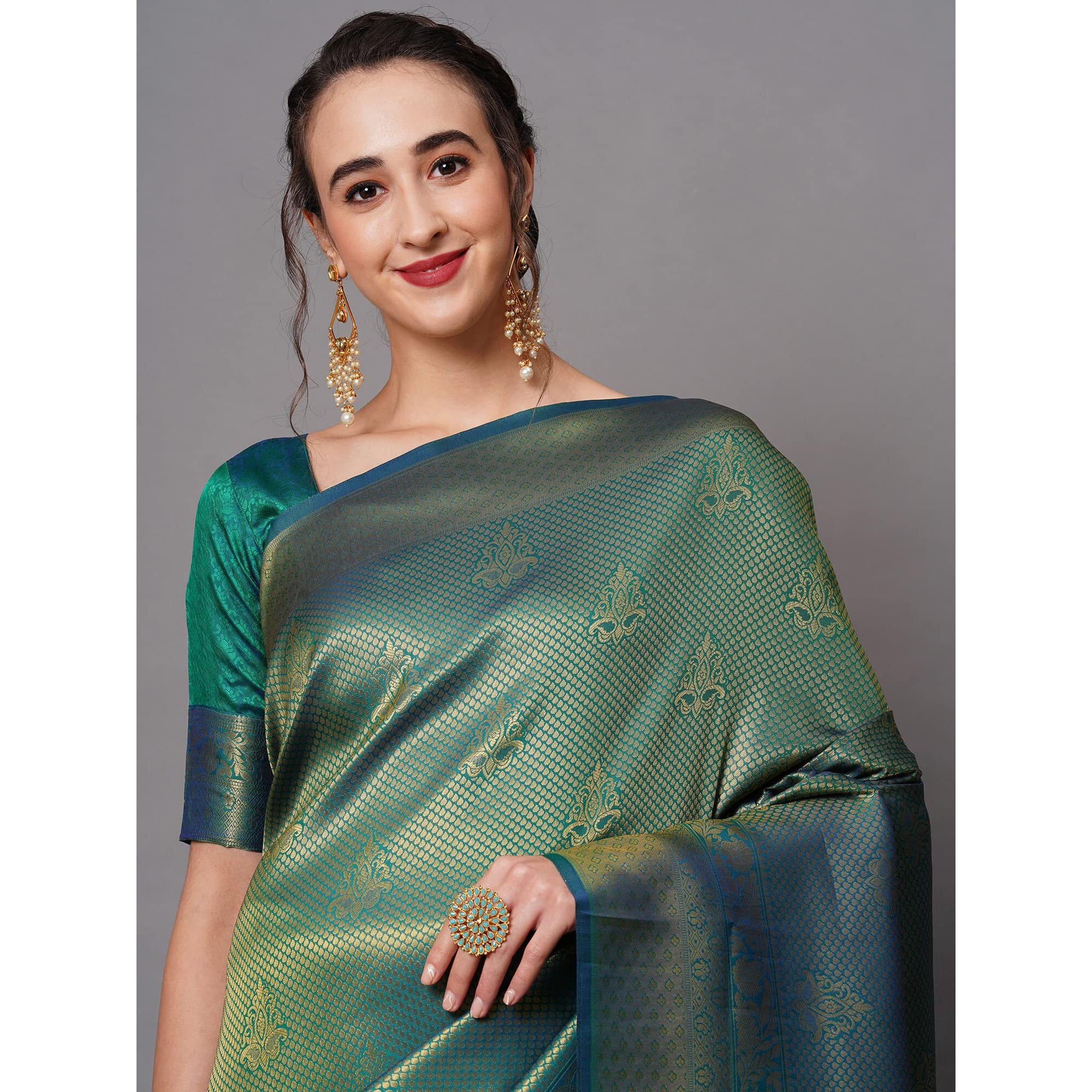 AKHILAM Womens Silk Blend Woven Design Saree With Unstitched Blouse Piece(Teal Green_KUNT188009)