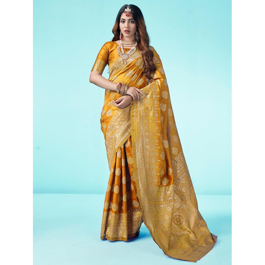 SAMAH Womens Art Silk Banarasi Jacquard Saree with Unstitched Blouse Piece (3409S112N_Turmeric Yellow & Gold)