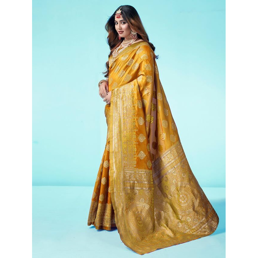 SAMAH Womens Art Silk Banarasi Jacquard Saree with Unstitched Blouse Piece (3409S112N_Turmeric Yellow & Gold)