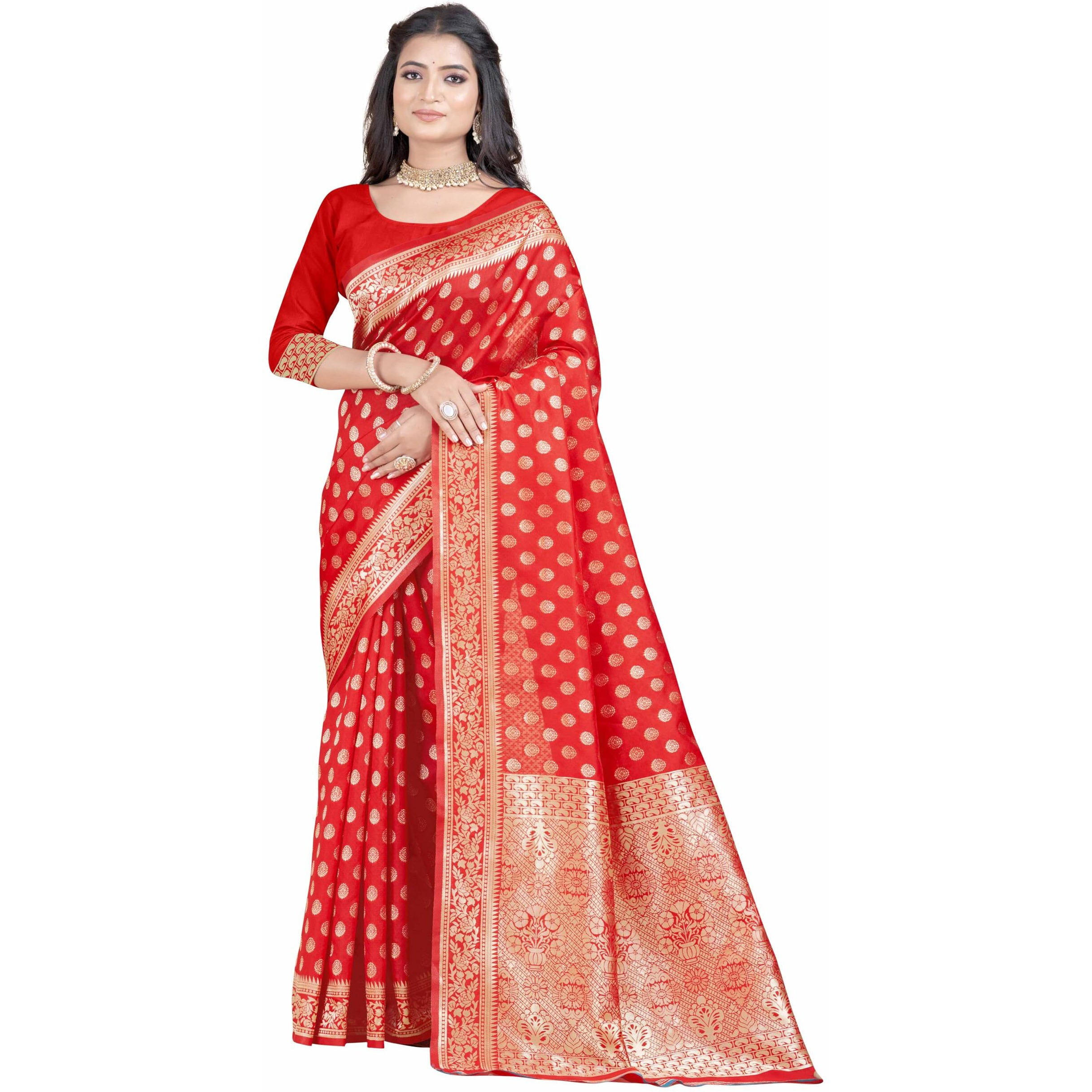 Sugathari Womens Banarasi Saree Pure Kanjivaram Silk Saree Soft new ladies 2023 Design Wear Pattu Sarees Latest Party Sari collections With Blouse Piece for Wedding sadi (SAN PARI-192 RED)