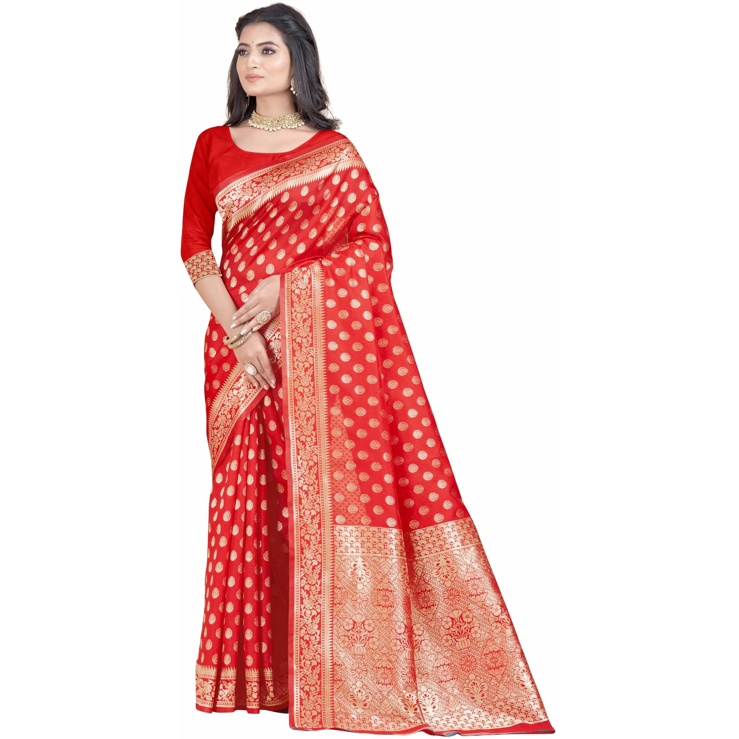 Sugathari Womens Banarasi Saree Pure Kanjivaram Silk Saree Soft new ladies 2023 Design Wear Pattu Sarees Latest Party Sari collections With Blouse Piece for Wedding sadi (SAN PARI-192 RED)