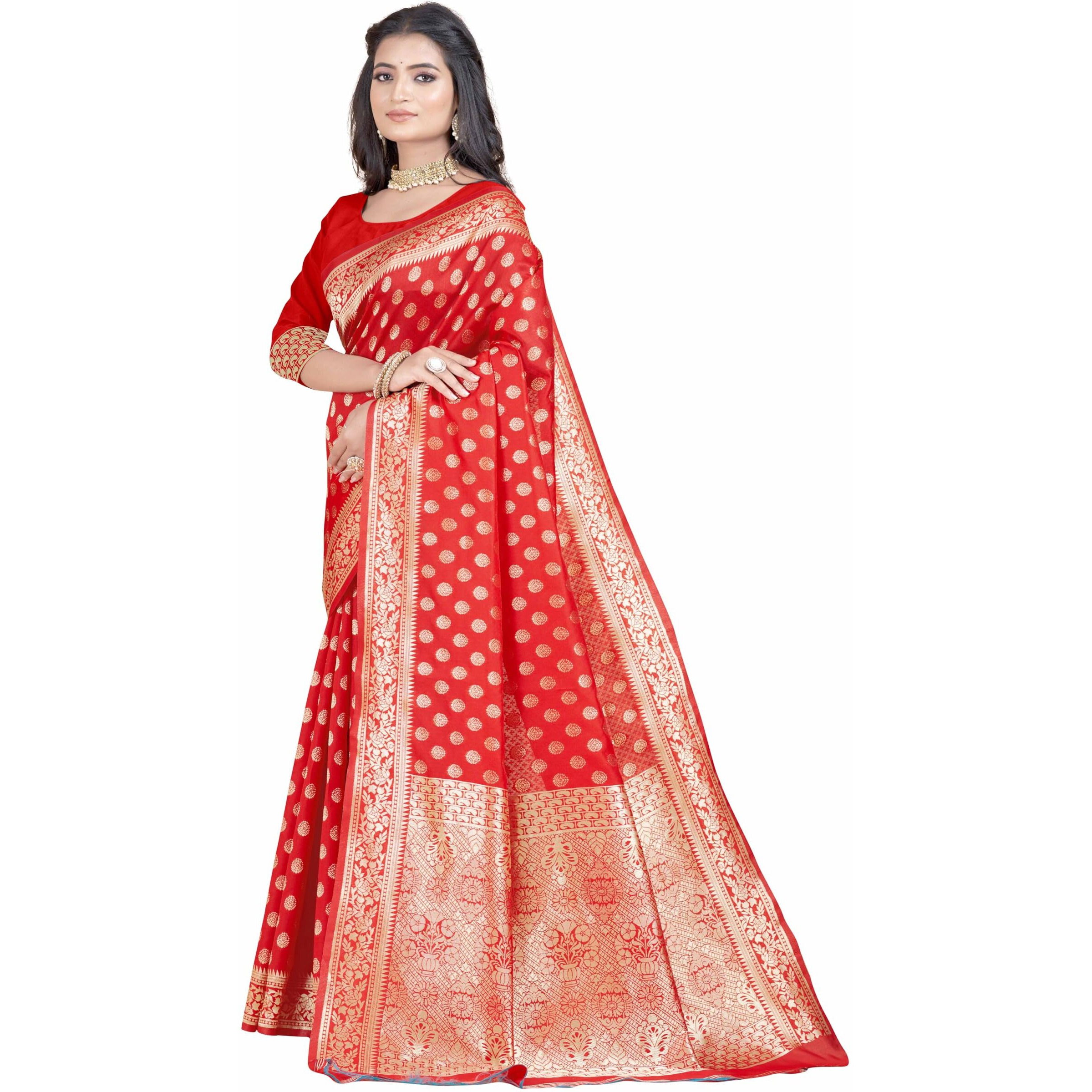 Sugathari Womens Banarasi Saree Pure Kanjivaram Silk Saree Soft new ladies 2023 Design Wear Pattu Sarees Latest Party Sari collections With Blouse Piece for Wedding sadi (SAN PARI-192 RED)