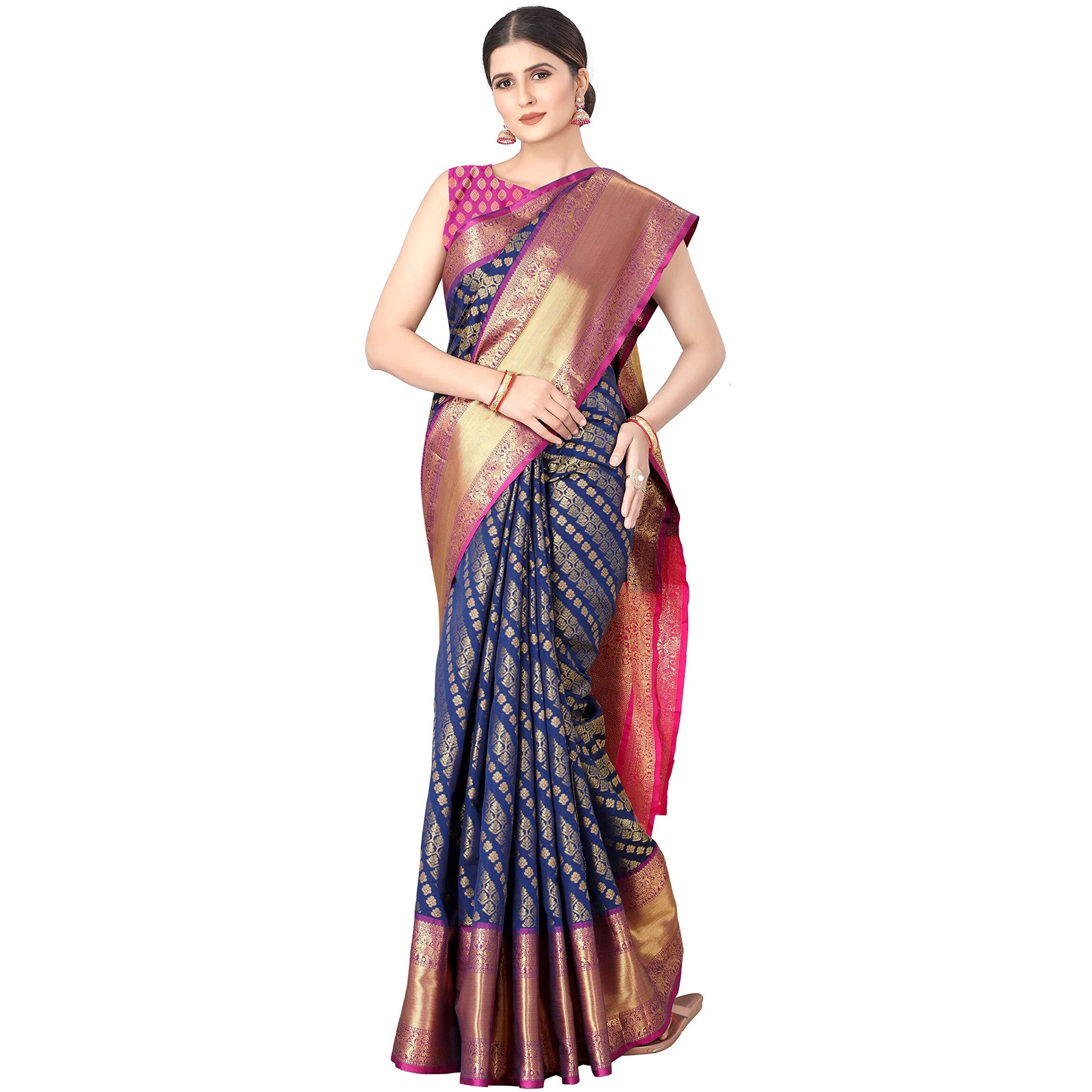 Enthone Womens Banarasi Silk Saree With Unstitched Blouse Piece(Navy Blue)