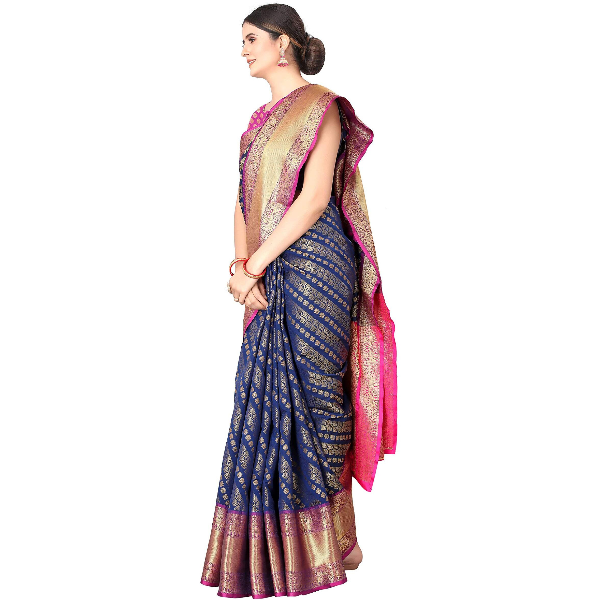 Enthone Womens Banarasi Silk Saree With Unstitched Blouse Piece(Navy Blue)