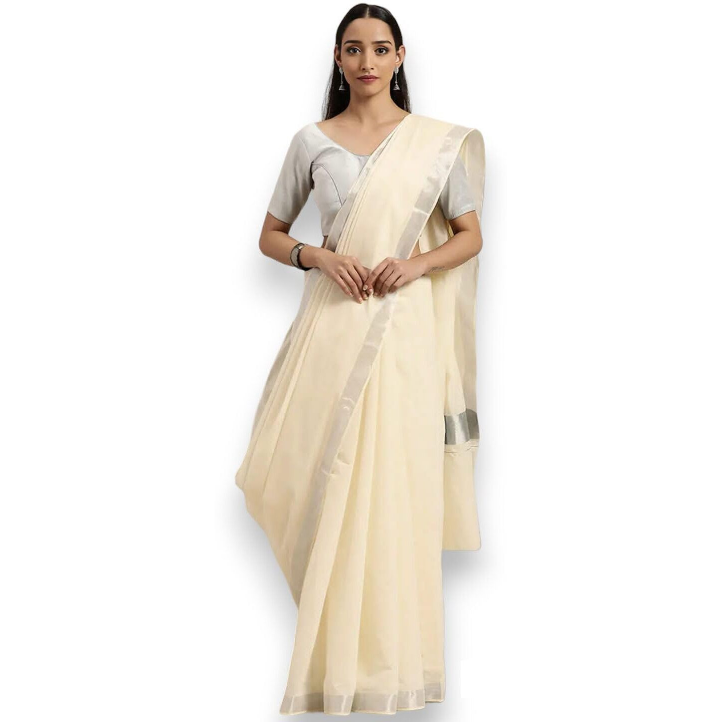 TEXATION Womens Kerala Kasavu Plain Cotton Saree With Running Blouse Piece (100% Cotton) (Saree 5.5 meter, Blouse 0.8 meter) (Silver)