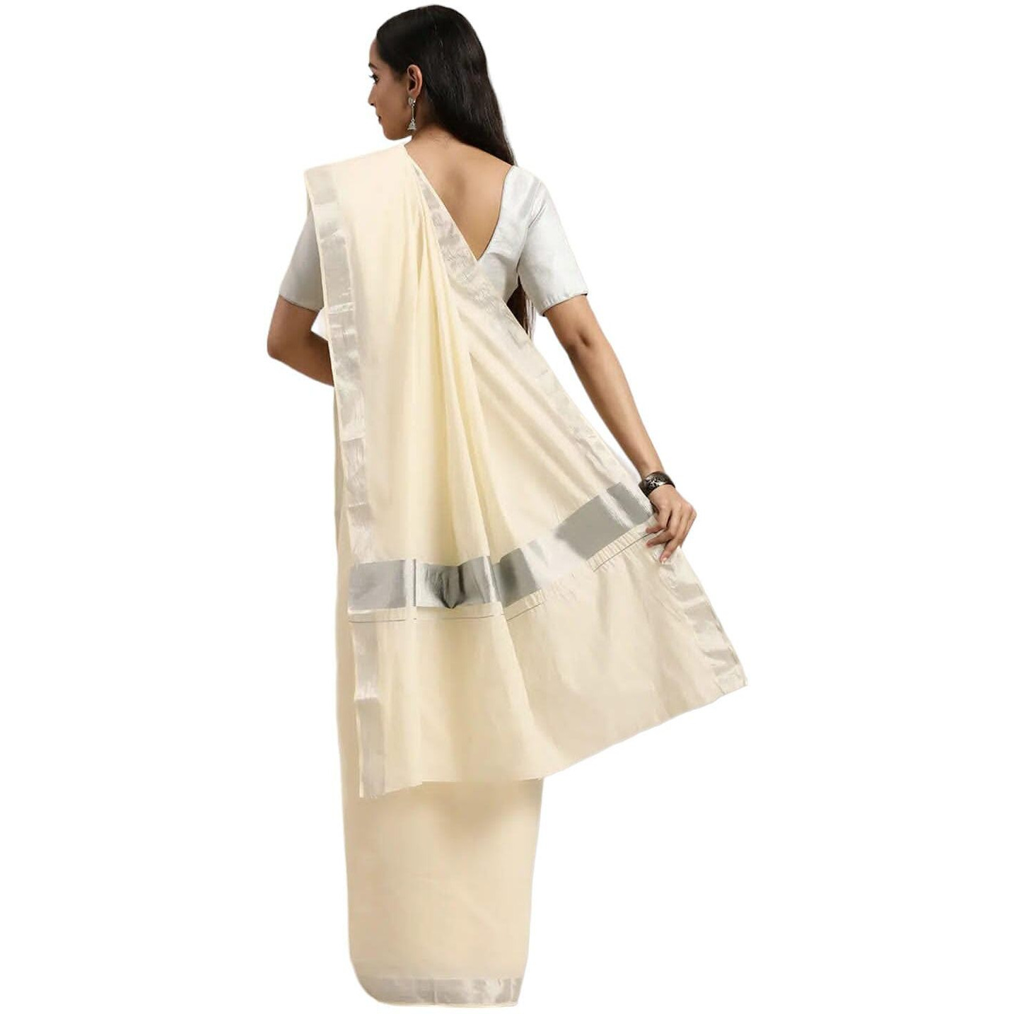 TEXATION Womens Kerala Kasavu Plain Cotton Saree With Running Blouse Piece (100% Cotton) (Saree 5.5 meter, Blouse 0.8 meter) (Silver)