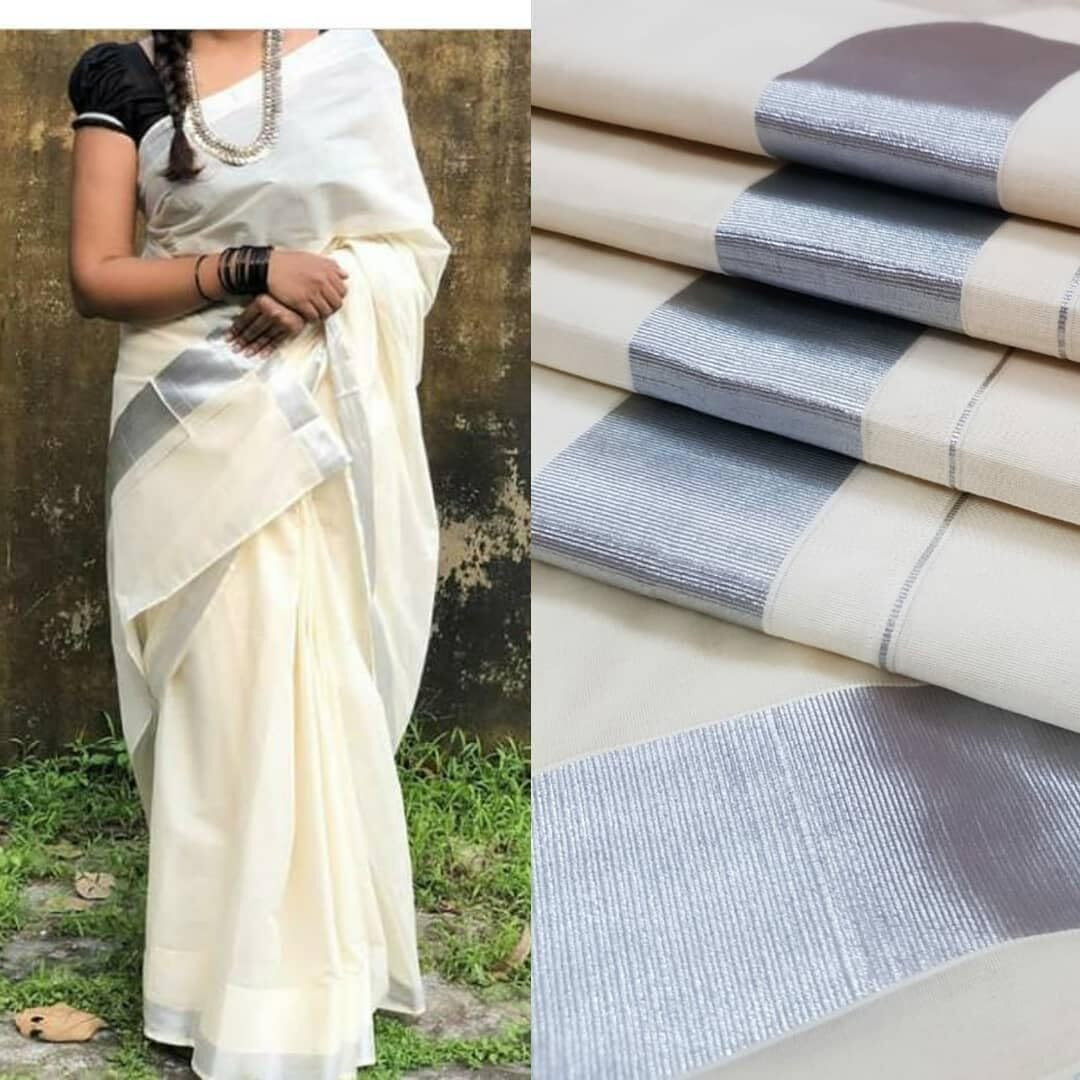 TEXATION Womens Kerala Kasavu Plain Cotton Saree With Running Blouse Piece (100% Cotton) (Saree 5.5 meter, Blouse 0.8 meter) (Silver)