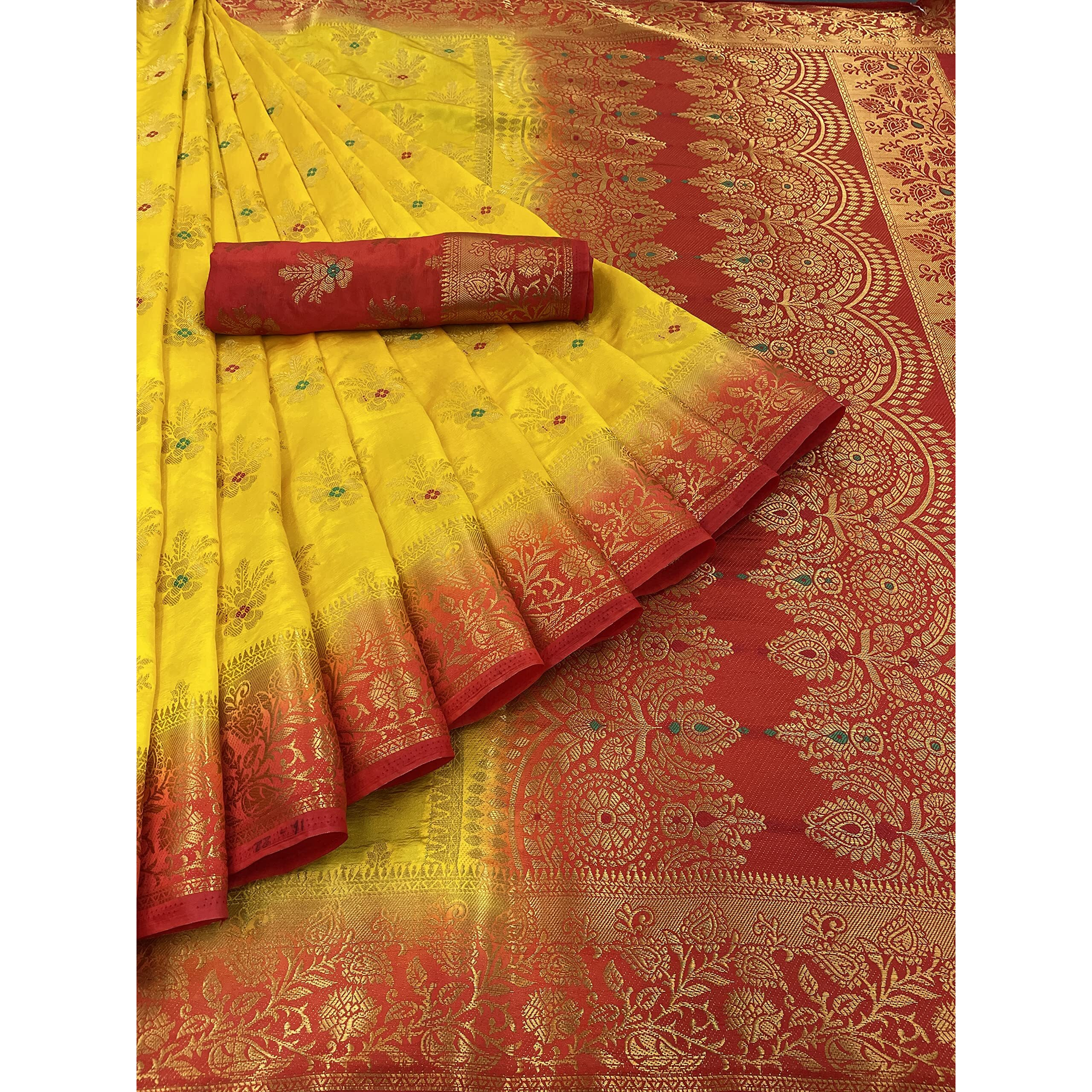 iZibra Womens Saree Kanjivaram Soft Silk Sari for Banarasi Wedding Sarees New Pure Ladies Kanchipuram Pattu Pure Sadi Paithani Original 2023 With Blouse Piece(Barmasi) (Yellow Red)