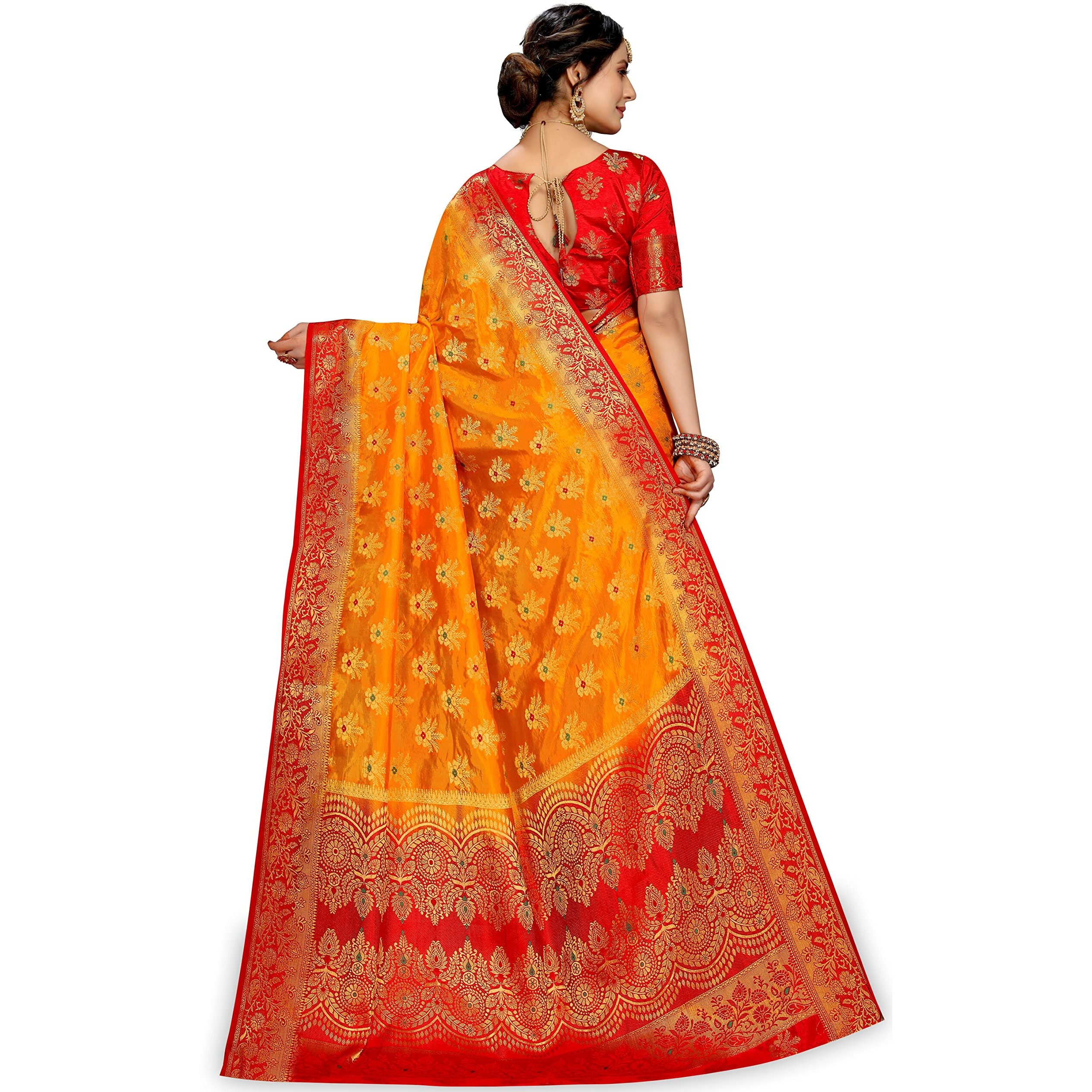 iZibra Womens Saree Kanjivaram Soft Silk Sari for Banarasi Wedding Sarees New Pure Ladies Kanchipuram Pattu Pure Sadi Paithani Original 2023 With Blouse Piece(Barmasi) (Yellow Red)