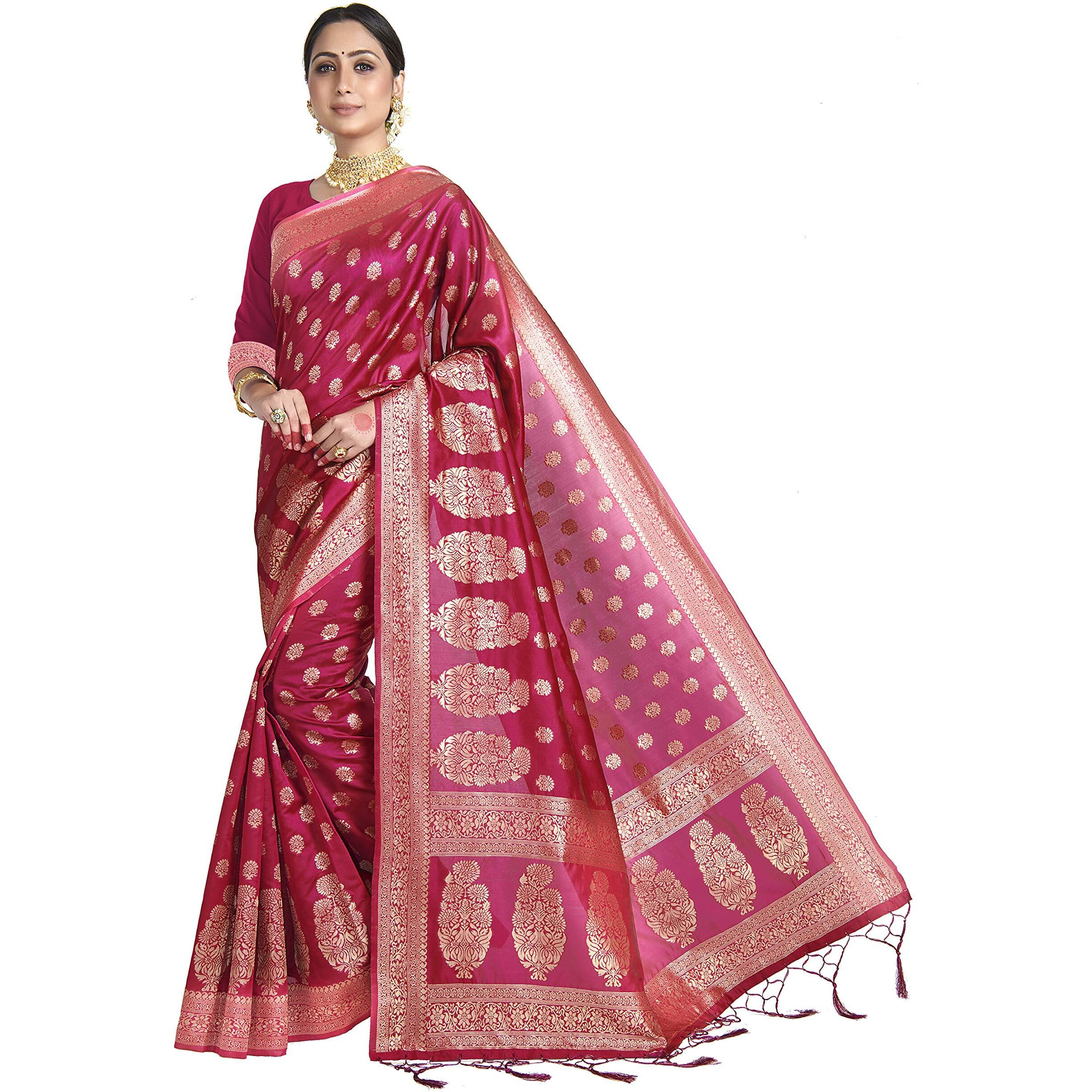 Vardha Womens Banarasi Art Silk Saree with Unstitched Blouse Piece - Zari Woven Work Sarees for Wedding (Paneri, 35, Pink)