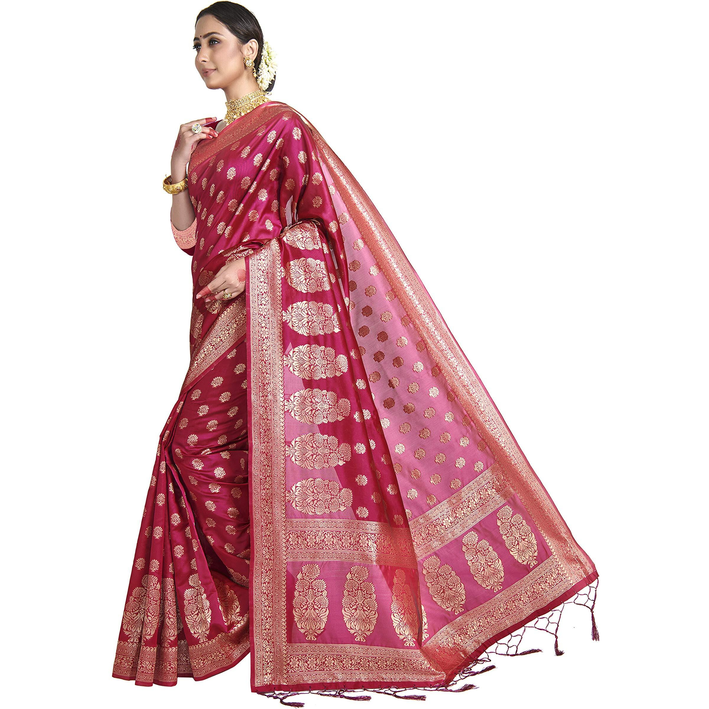 Vardha Womens Banarasi Art Silk Saree with Unstitched Blouse Piece - Zari Woven Work Sarees for Wedding (Paneri, 35, Pink)